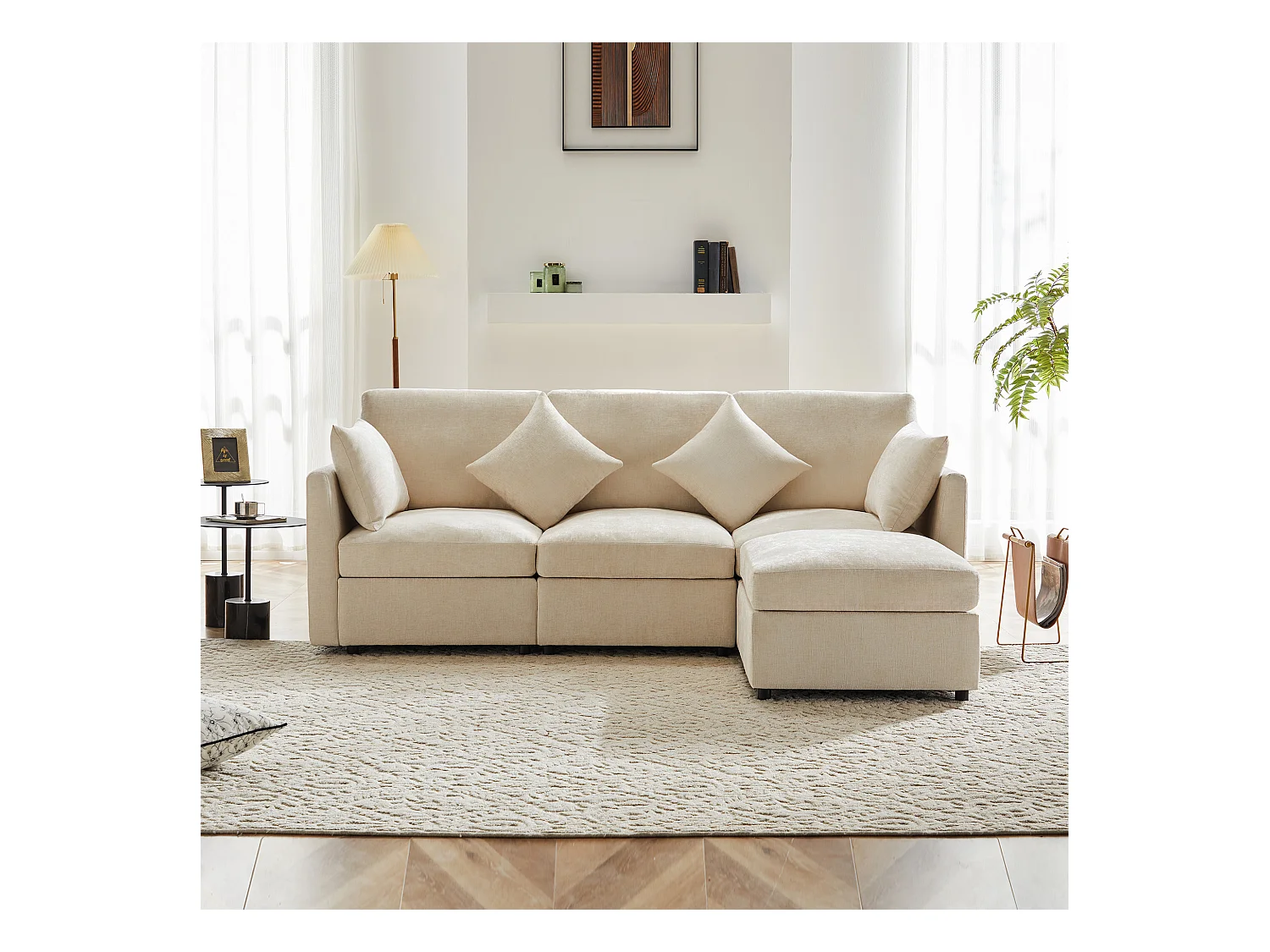 Divano angolare a L - 216 x 161 x 81 cm - divano 4 posti - con poggiapiedi - ciniglia - beige