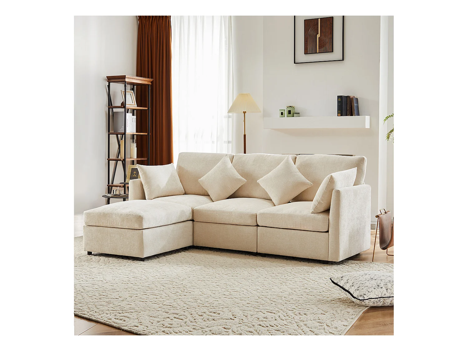 Divano angolare a L - 216 x 161 x 81 cm - divano 4 posti - con poggiapiedi - ciniglia - beige