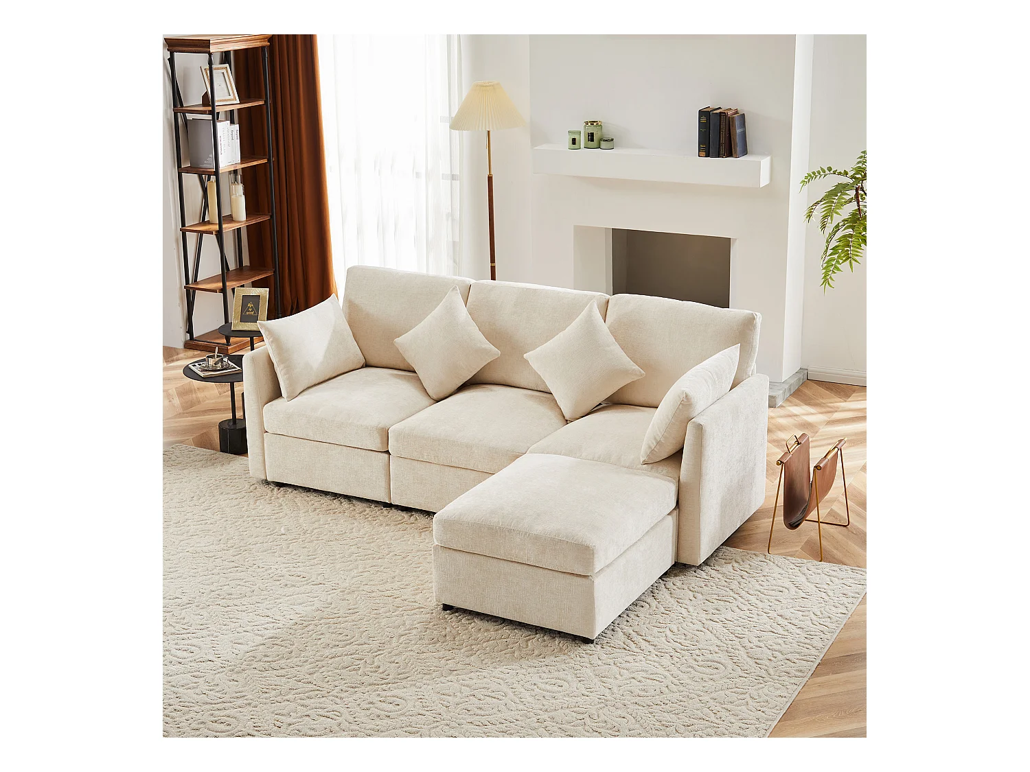 Divano angolare a L - 216 x 161 x 81 cm - divano 4 posti - con poggiapiedi - ciniglia - beige