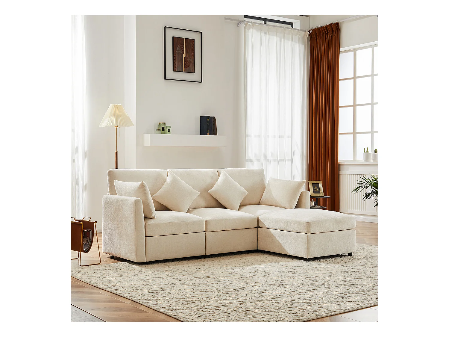 Divano angolare a L - 216 x 161 x 81 cm - divano 4 posti - con poggiapiedi - ciniglia - beige