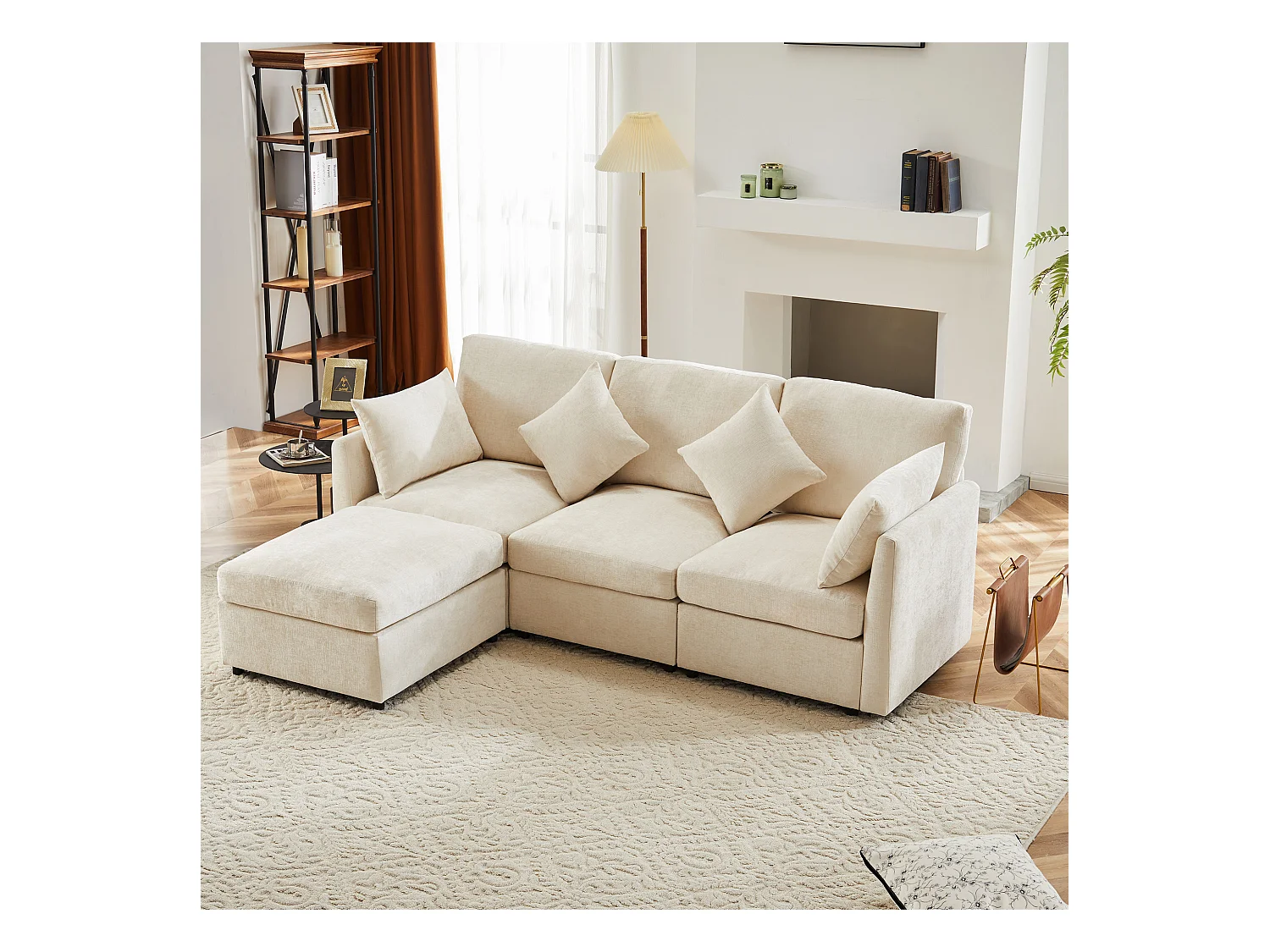 Divano angolare a L - 216 x 161 x 81 cm - divano 4 posti - con poggiapiedi - ciniglia - beige