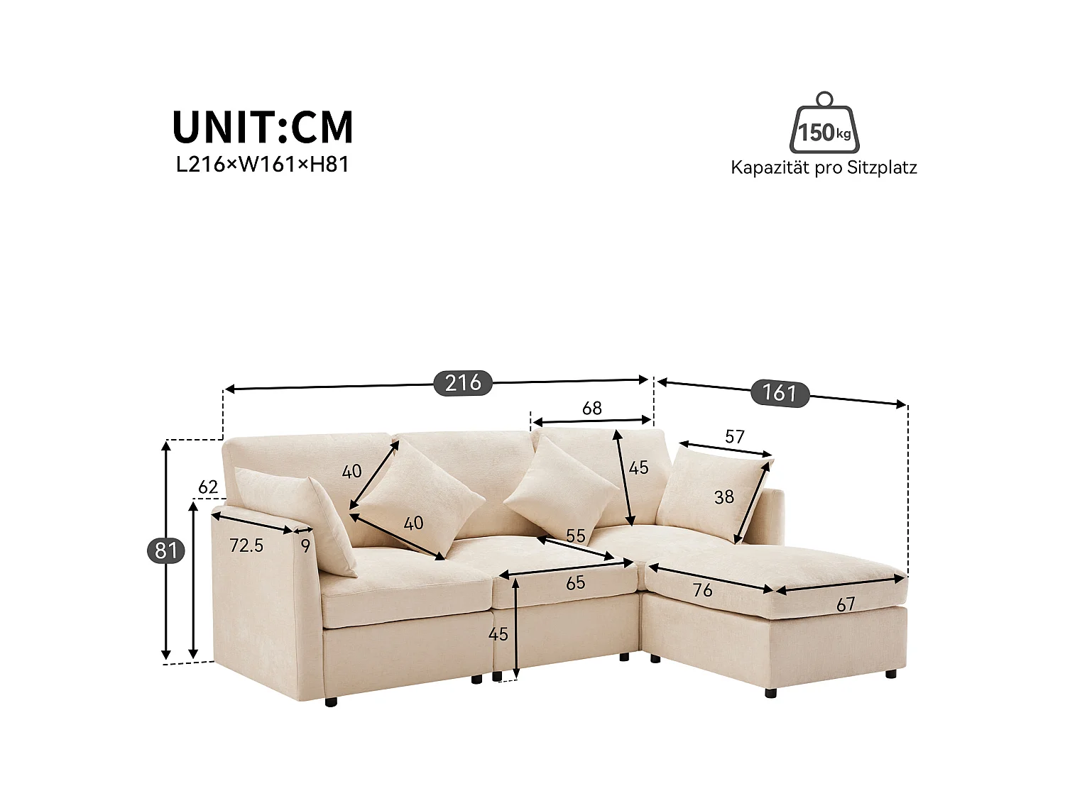 Divano angolare a L - 216 x 161 x 81 cm - divano 4 posti - con poggiapiedi - ciniglia - beige