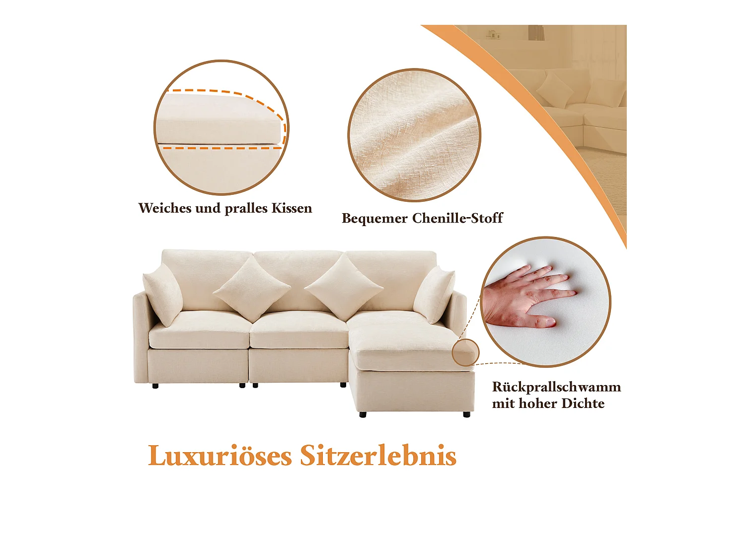 Divano angolare a L - 216 x 161 x 81 cm - divano 4 posti - con poggiapiedi - ciniglia - beige