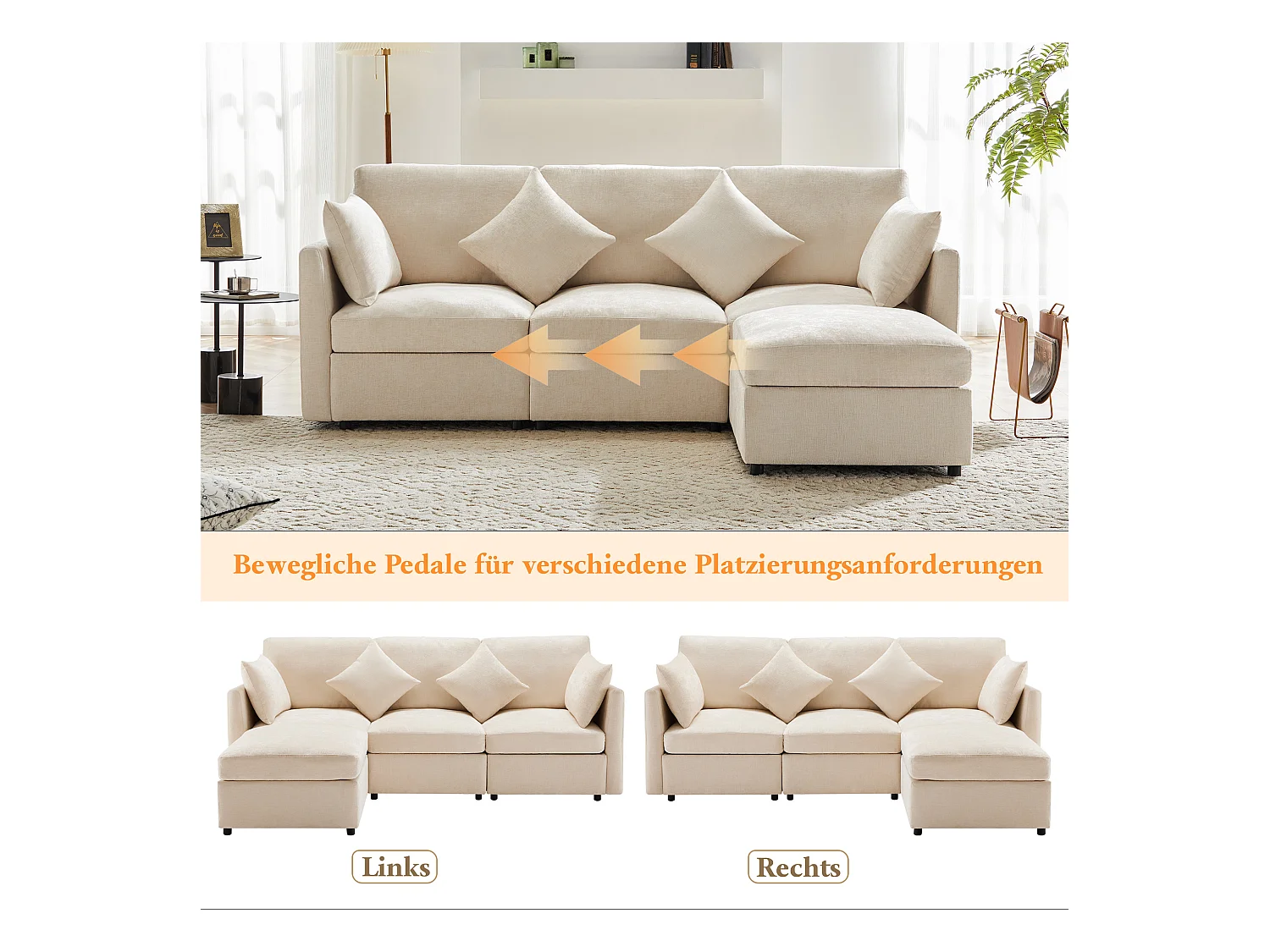 Divano angolare a L - 216 x 161 x 81 cm - divano 4 posti - con poggiapiedi - ciniglia - beige