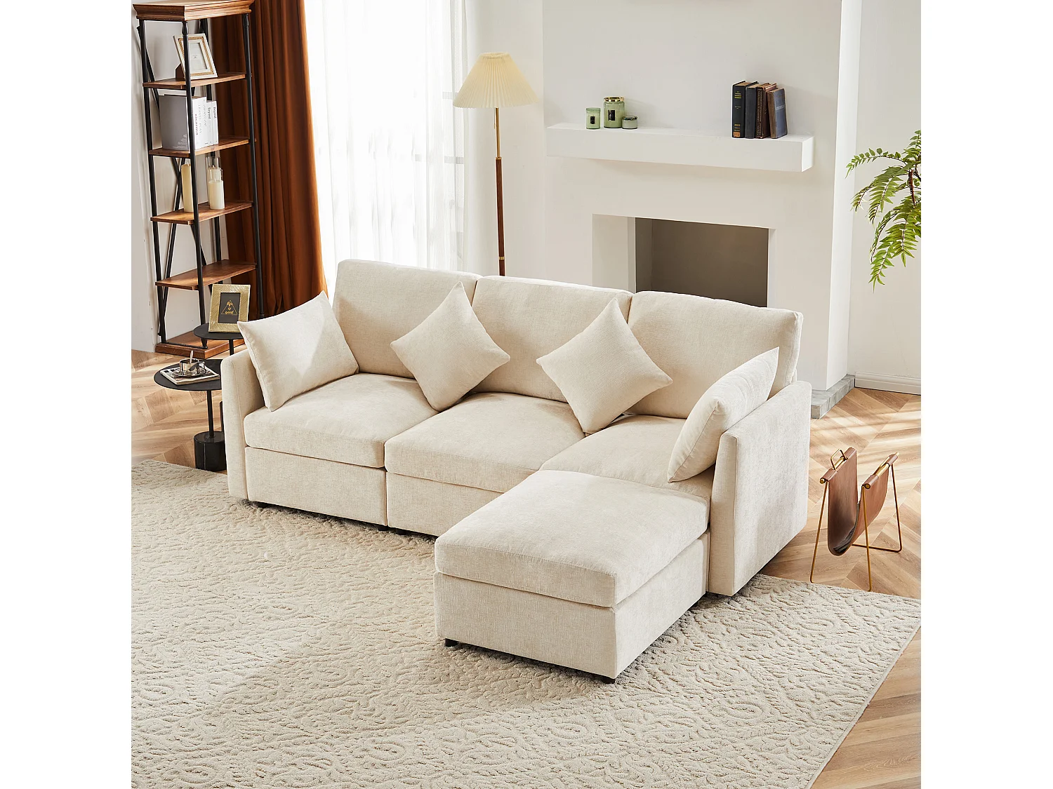 Canapé d'angle en L - 216 x 161 x 81 cm - canapé 4 places - avec repose-pieds - chenille - beige
