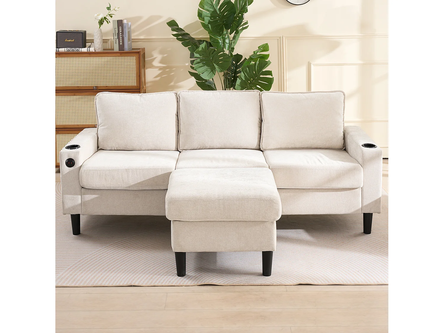 3-zits L-vormige gestoffeerde bank - 202 x 137 x 80 cm - met USB- en Type-C-aansluitingen + 2 bekerhouders - linnen - beige