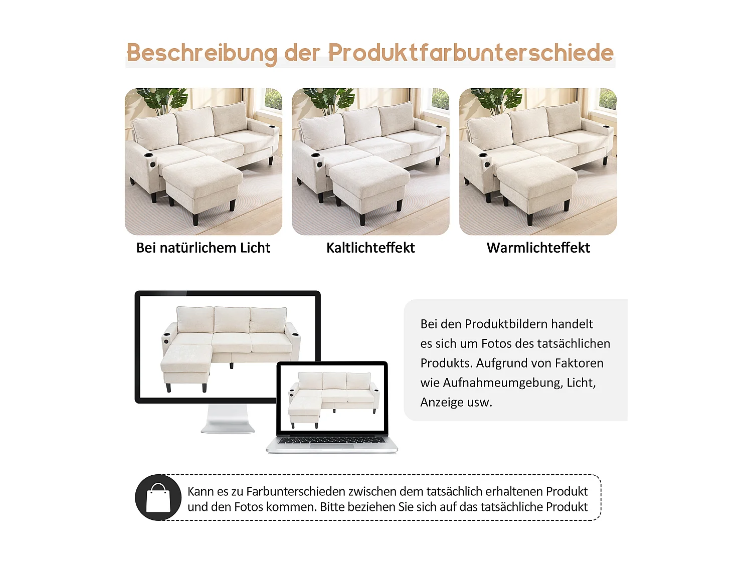 3-zits L-vormige gestoffeerde bank - 202 x 137 x 80 cm - met USB- en Type-C-aansluitingen + 2 bekerhouders - linnen - beige