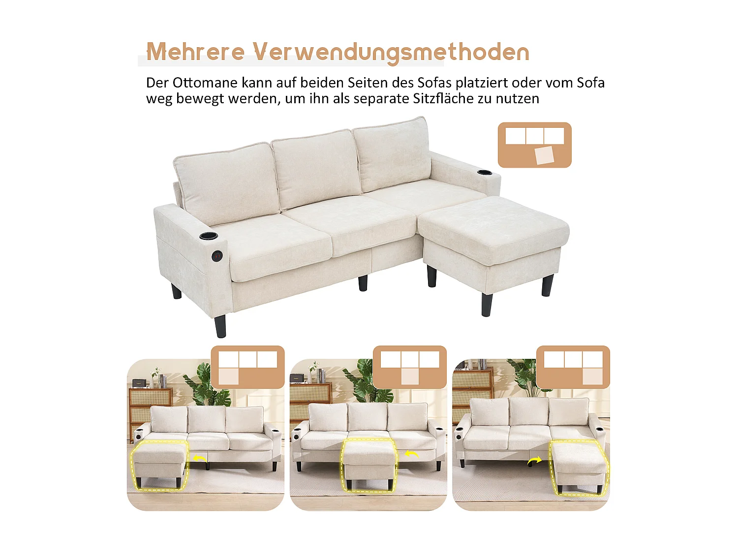 Canapé rembourré en L 3 places - 202 x 137 x 80 cm - avec ports USB et Type-C + 2 porte-gobelets -lin - beige