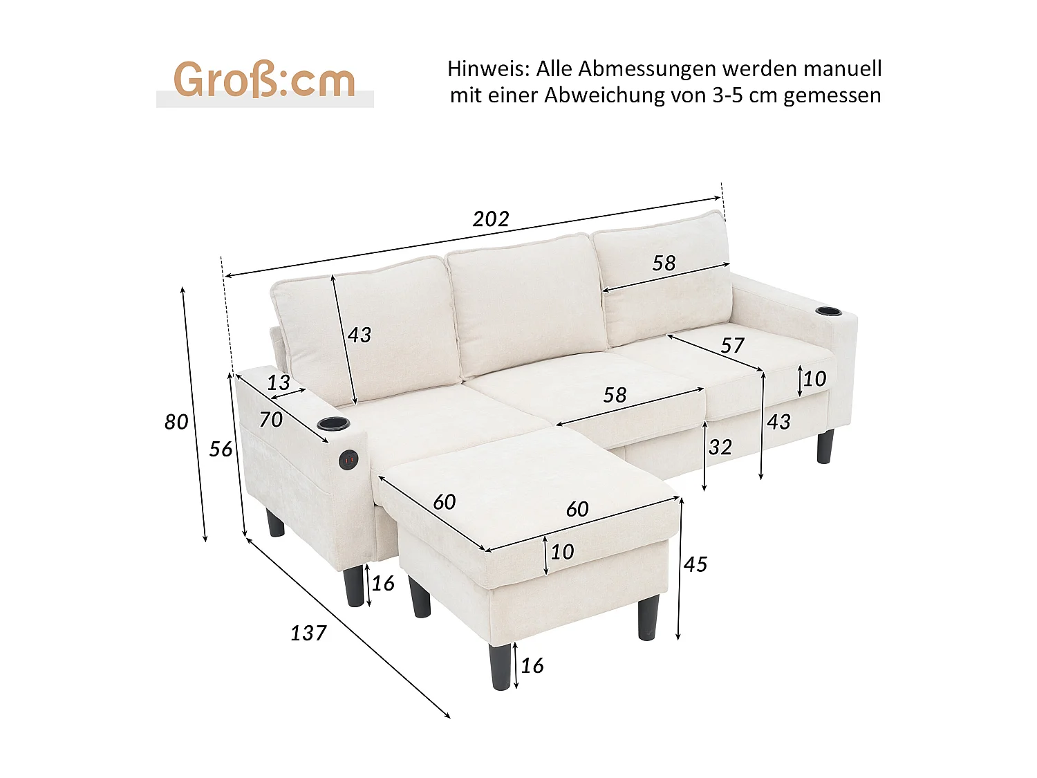 Canapé rembourré en L 3 places - 202 x 137 x 80 cm - avec ports USB et Type-C + 2 porte-gobelets -lin - beige
