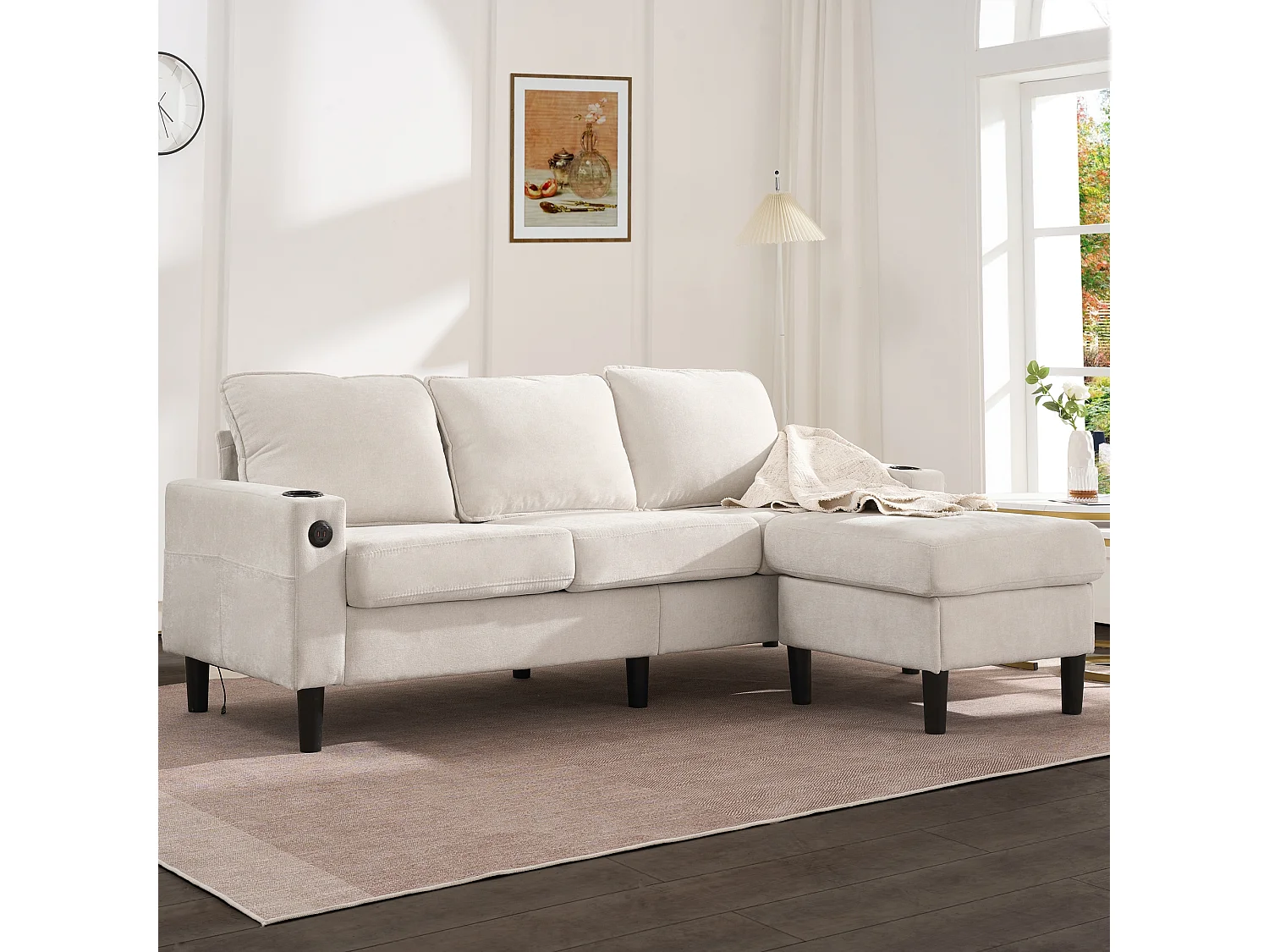 Canapé rembourré en L 3 places - 202 x 137 x 80 cm - avec ports USB et Type-C + 2 porte-gobelets -lin - beige