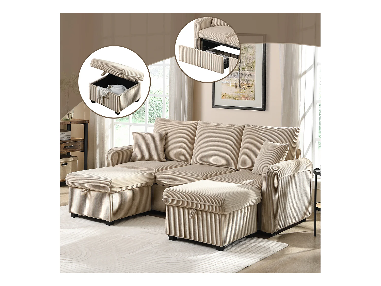 Canapé rembourré d'angle - 188 x 82 x 86 cm - 3 places - 2 repose-pieds avec rangements + 2 tiroirs - velours - beige