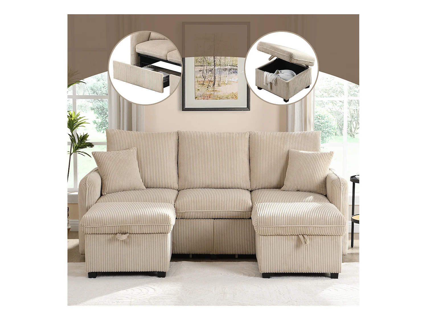 Canapé rembourré d'angle - 188 x 82 x 86 cm - 3 places - 2 repose-pieds avec rangements + 2 tiroirs - velours - beige