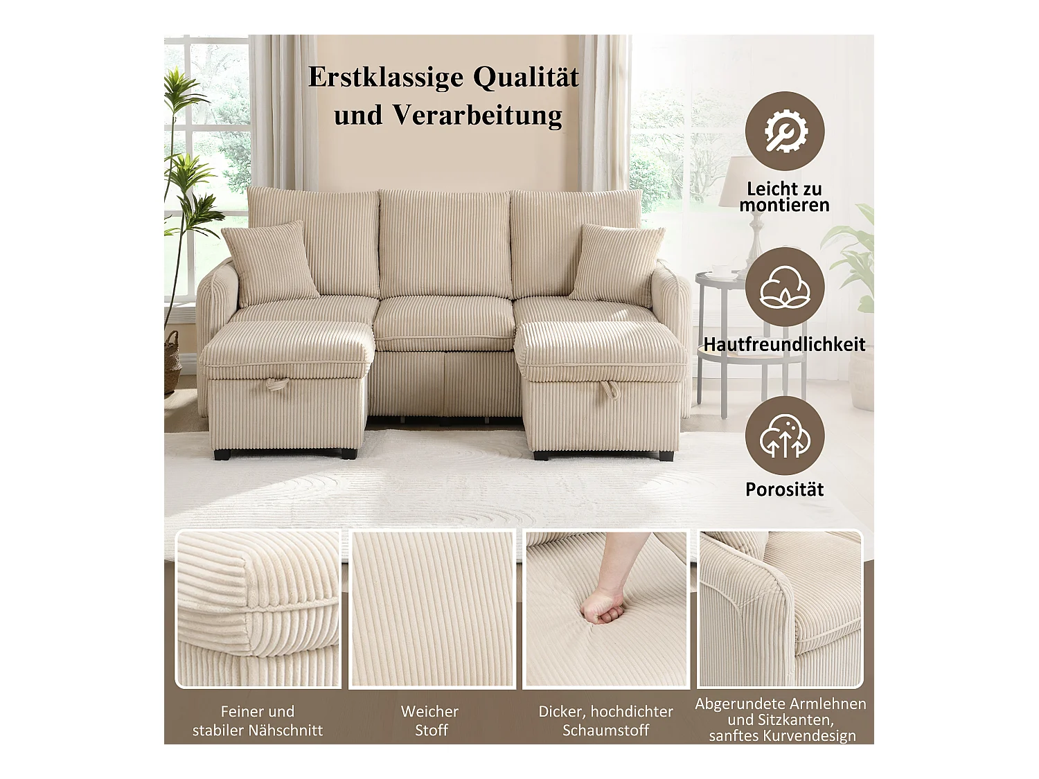 Canapé rembourré d'angle - 188 x 82 x 86 cm - 3 places - 2 repose-pieds avec rangements + 2 tiroirs - velours - beige