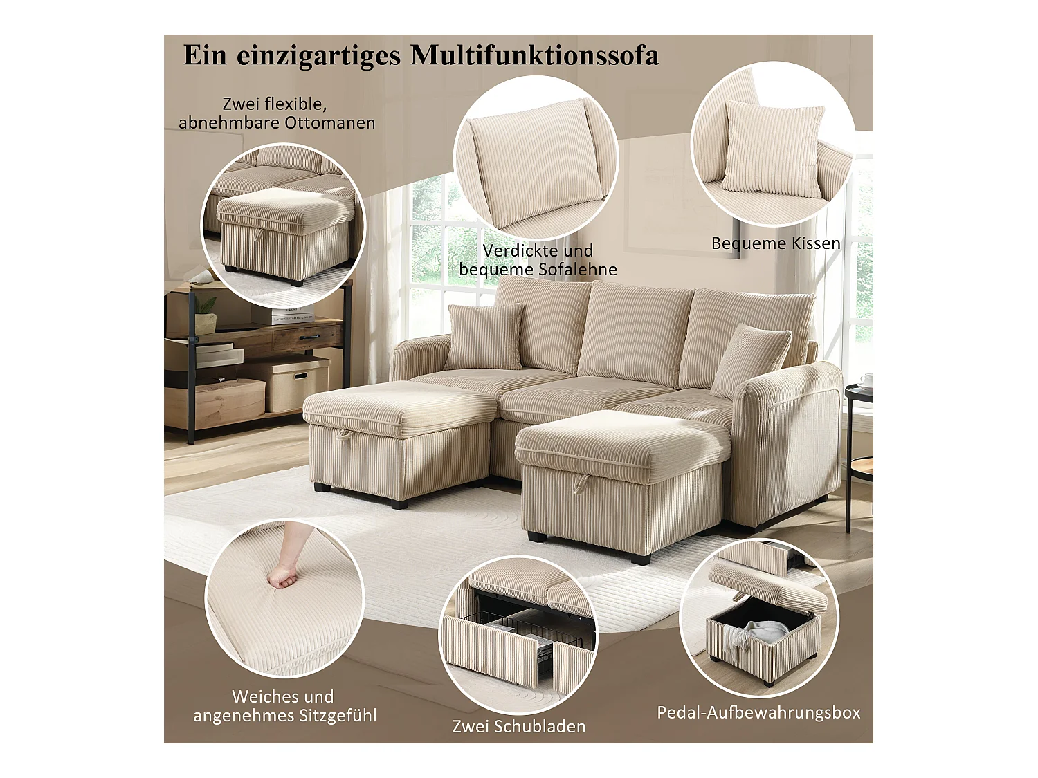 Canapé rembourré d'angle - 188 x 82 x 86 cm - 3 places - 2 repose-pieds avec rangements + 2 tiroirs - velours - beige