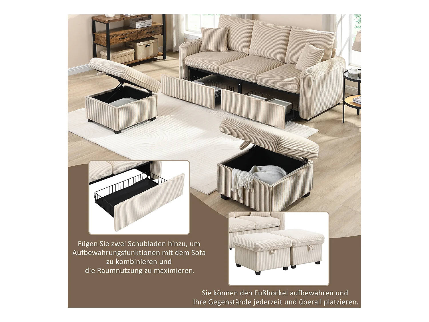 Canapé rembourré d'angle - 188 x 82 x 86 cm - 3 places - 2 repose-pieds avec rangements + 2 tiroirs - velours - beige