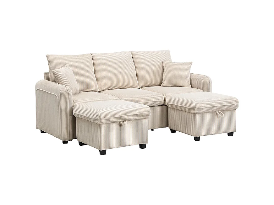 Canapé rembourré d'angle - 188 x 82 x 86 cm - 3 places - 2 repose-pieds avec rangements + 2 tiroirs - velours - beige