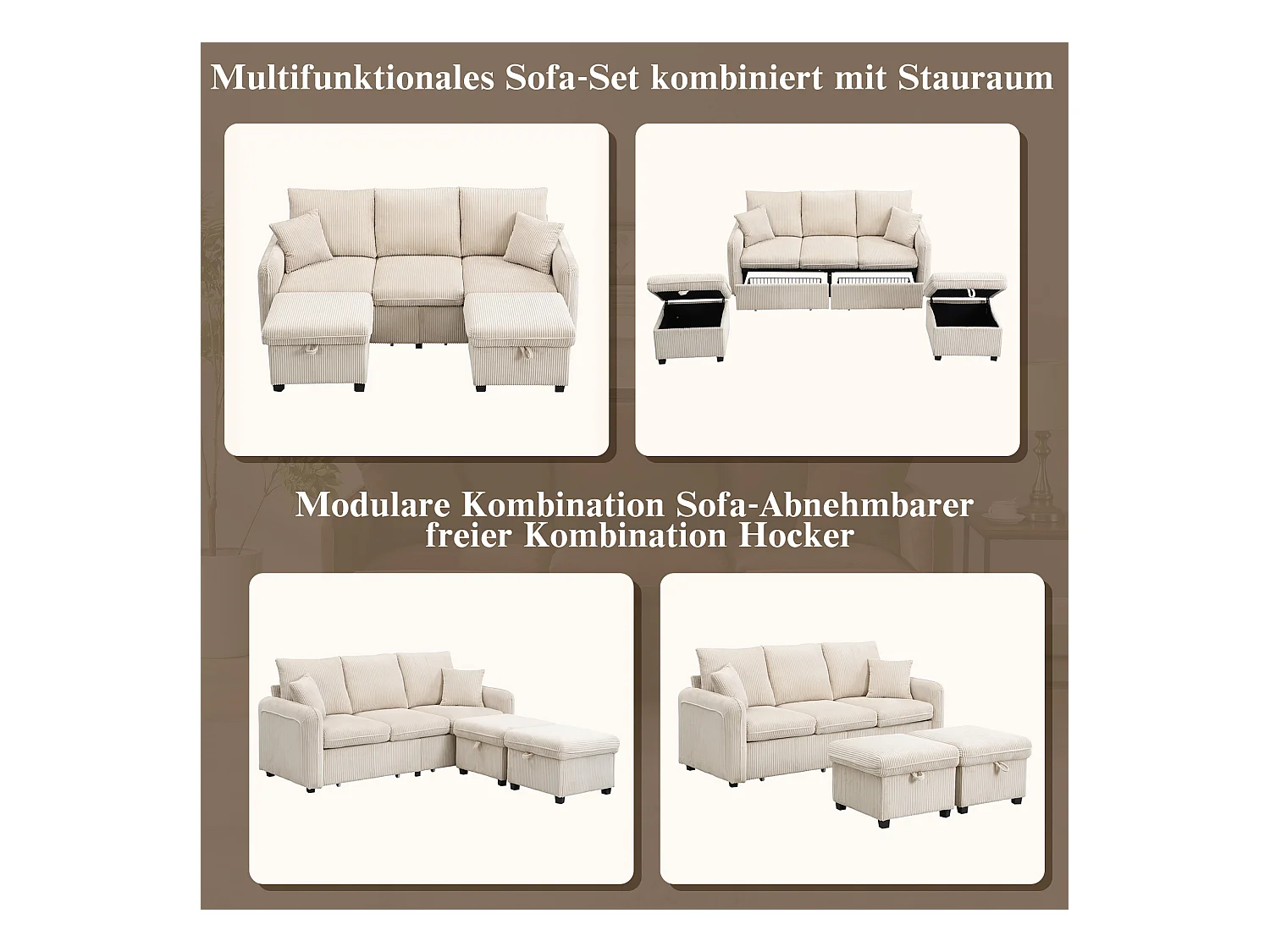 Canapé rembourré d'angle - 188 x 82 x 86 cm - 3 places - 2 repose-pieds avec rangements + 2 tiroirs - velours - beige