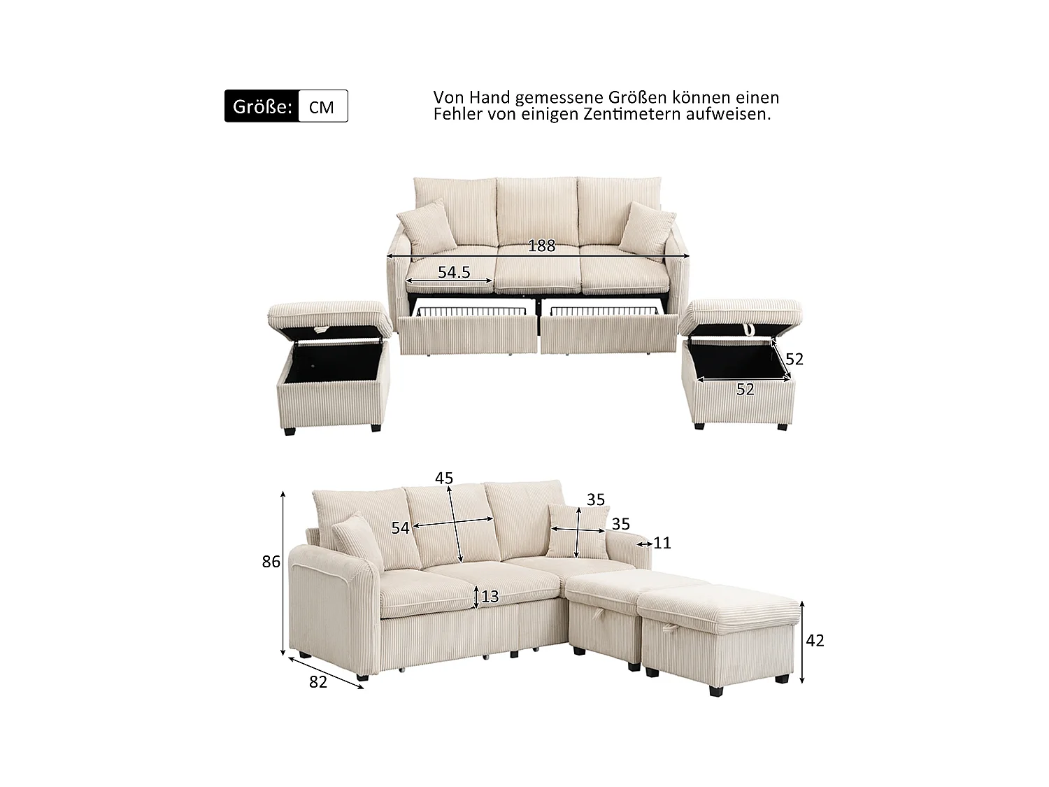 Canapé rembourré d'angle - 188 x 82 x 86 cm - 3 places - 2 repose-pieds avec rangements + 2 tiroirs - velours - beige