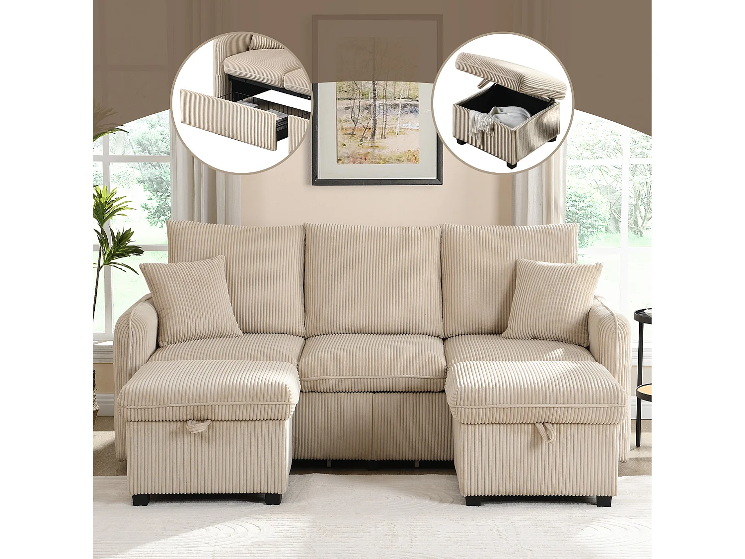 Gepolstertes Ecksofa – 188 x 82 x 86 cm – 3-Sitzer – 2 Fußstützen mit Stauraum + 2 Schubladen – Samt – Grau