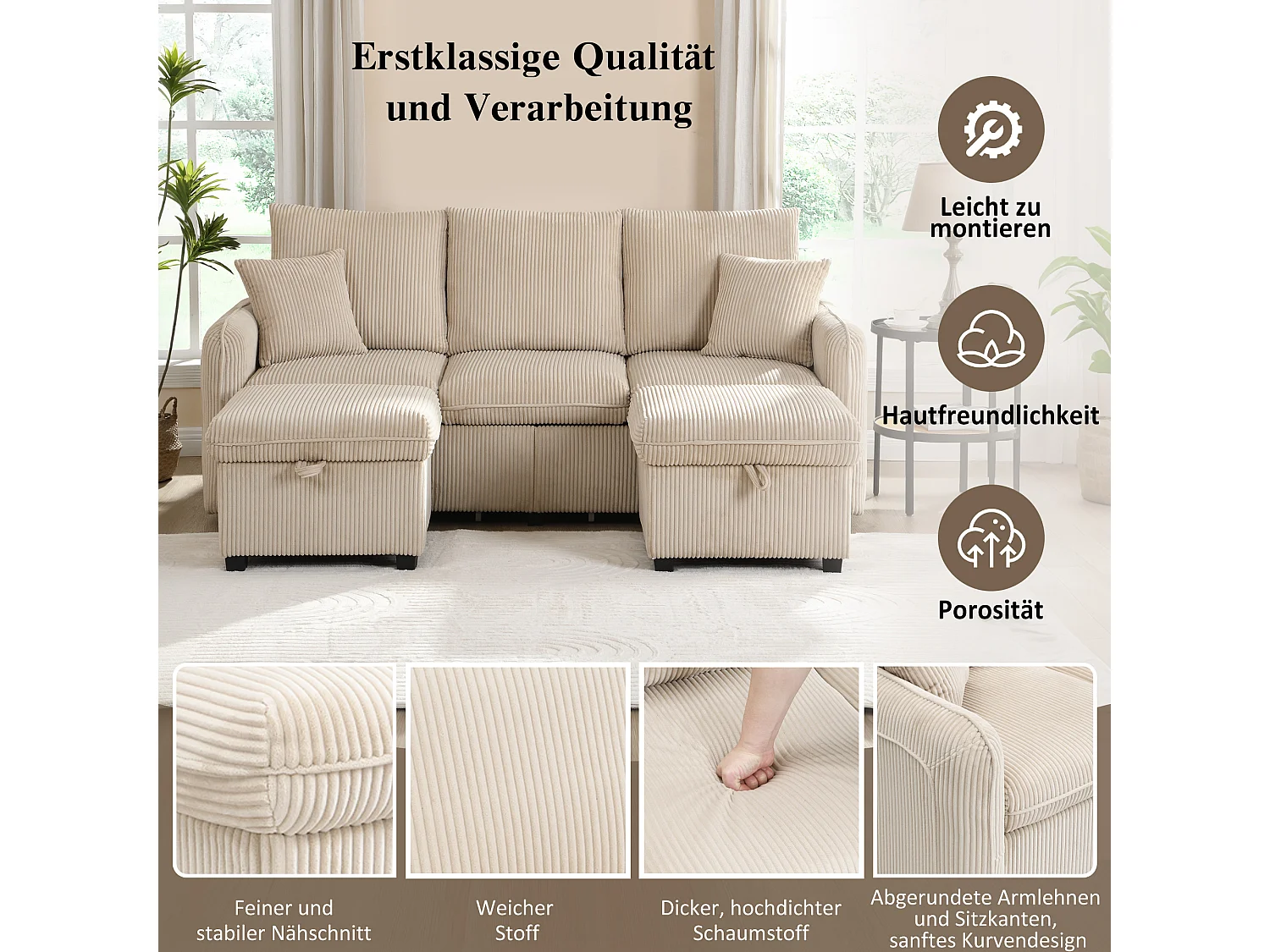 Gepolstertes Ecksofa – 188 x 82 x 86 cm – 3-Sitzer – 2 Fußstützen mit Stauraum + 2 Schubladen – Samt – Grau