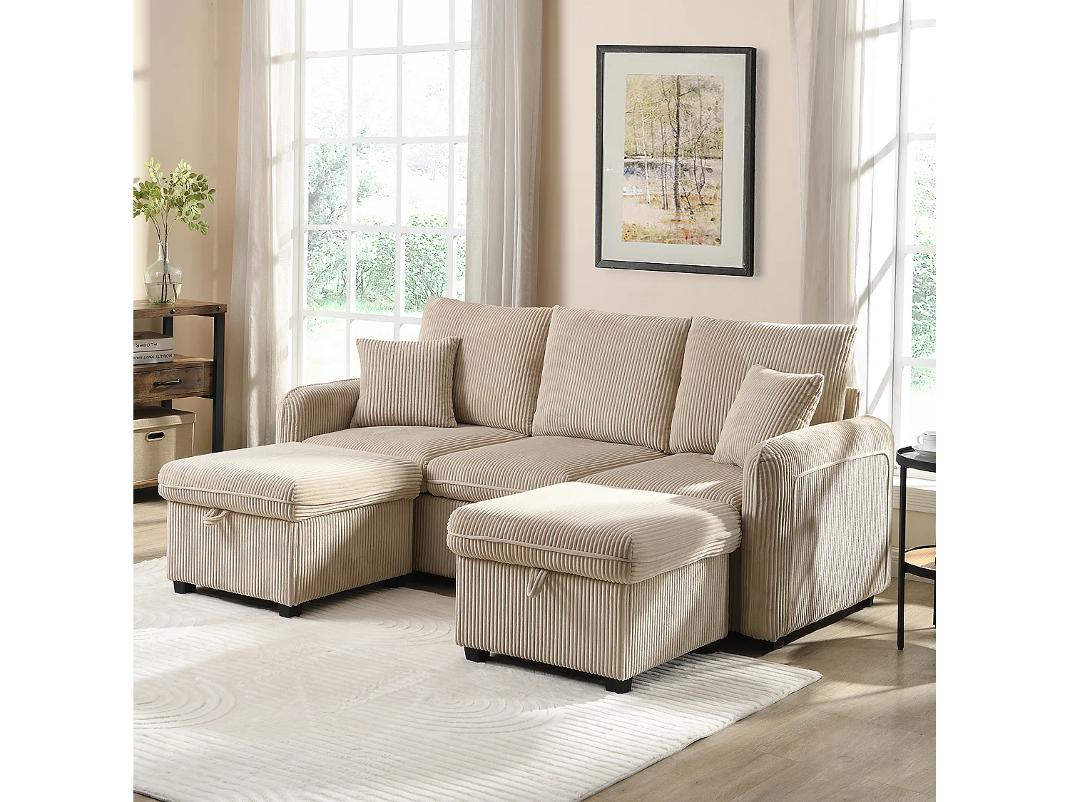 Gepolstertes Ecksofa – 188 x 82 x 86 cm – 3-Sitzer – 2 Fußstützen mit Stauraum + 2 Schubladen – Samt – Grau