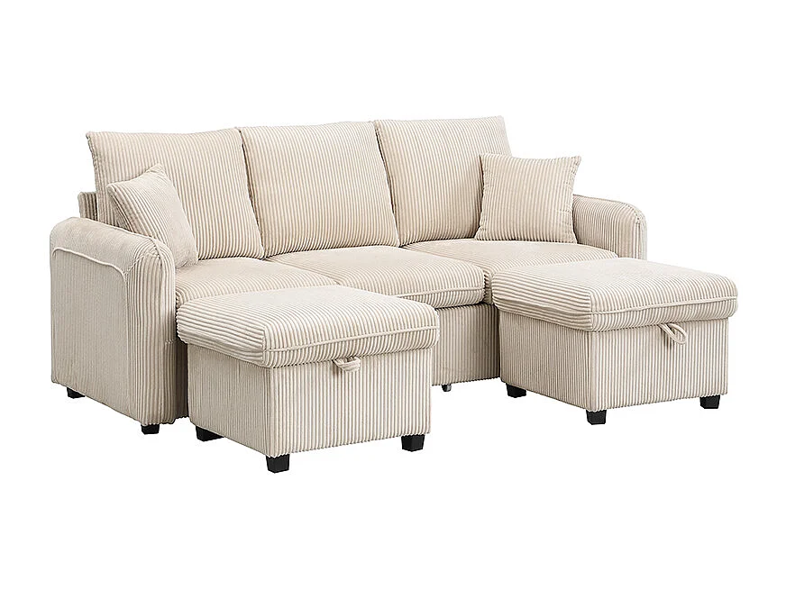 Gepolstertes Ecksofa – 188 x 82 x 86 cm – 3-Sitzer – 2 Fußstützen mit Stauraum + 2 Schubladen – Samt – Grau