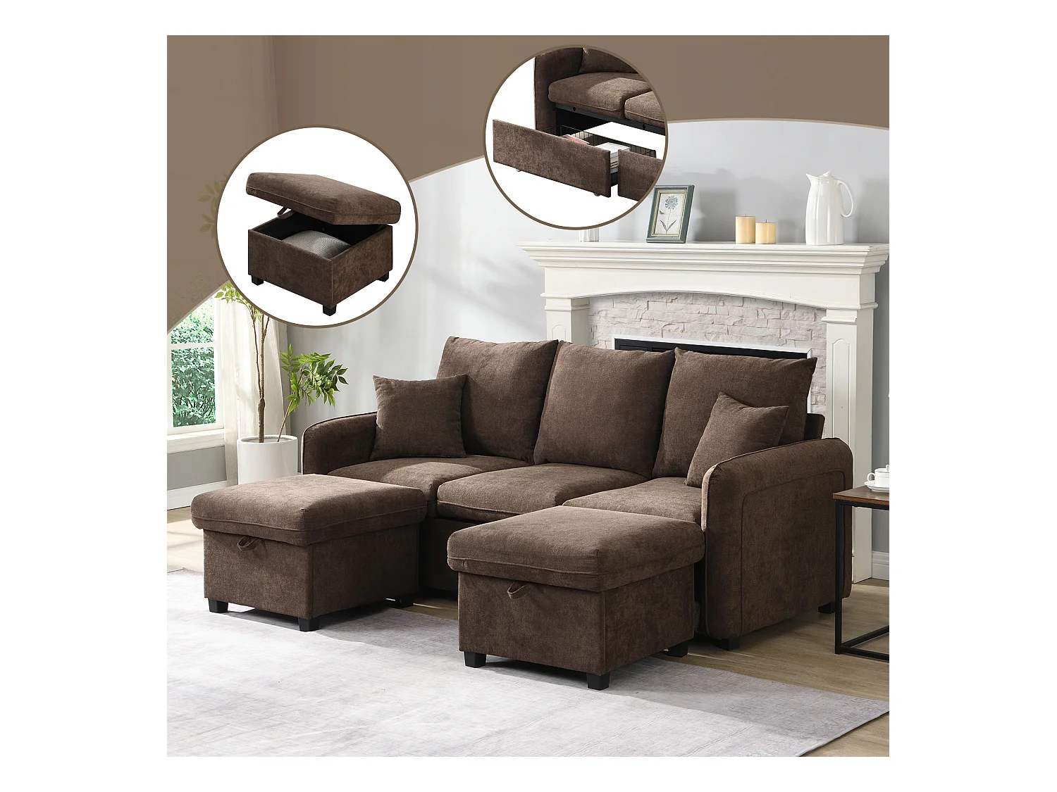 Canapé rembourré d'angle - 188 x 82 x 86 cm - 3 places - 2 repose-pieds avec rangements + 2 tiroirs - velours - marroon