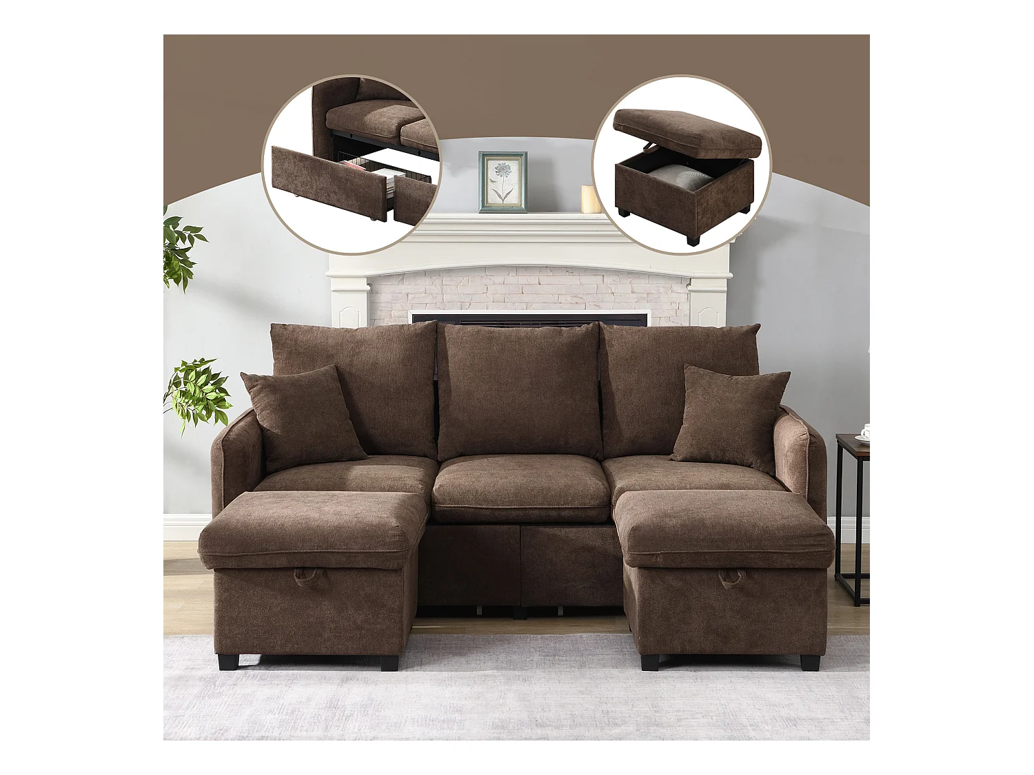 Canapé rembourré d'angle - 188 x 82 x 86 cm - 3 places - 2 repose-pieds avec rangements + 2 tiroirs - velours - marroon