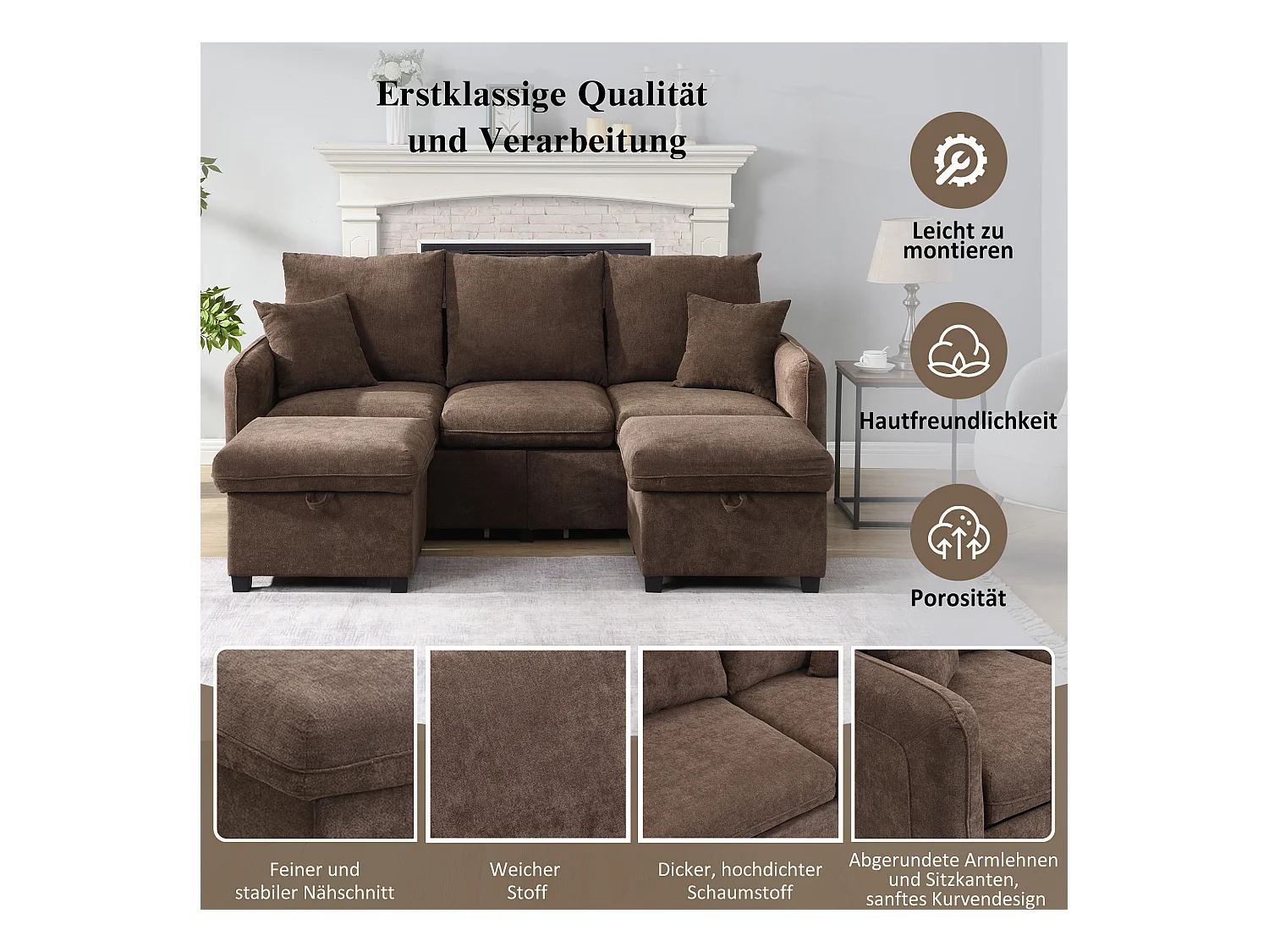 Canapé rembourré d'angle - 188 x 82 x 86 cm - 3 places - 2 repose-pieds avec rangements + 2 tiroirs - velours - marroon