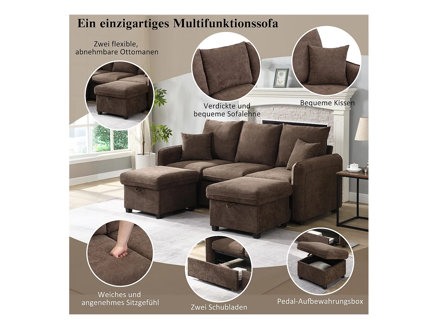 Canapé rembourré d'angle - 188 x 82 x 86 cm - 3 places - 2 repose-pieds avec rangements + 2 tiroirs - velours - marroon