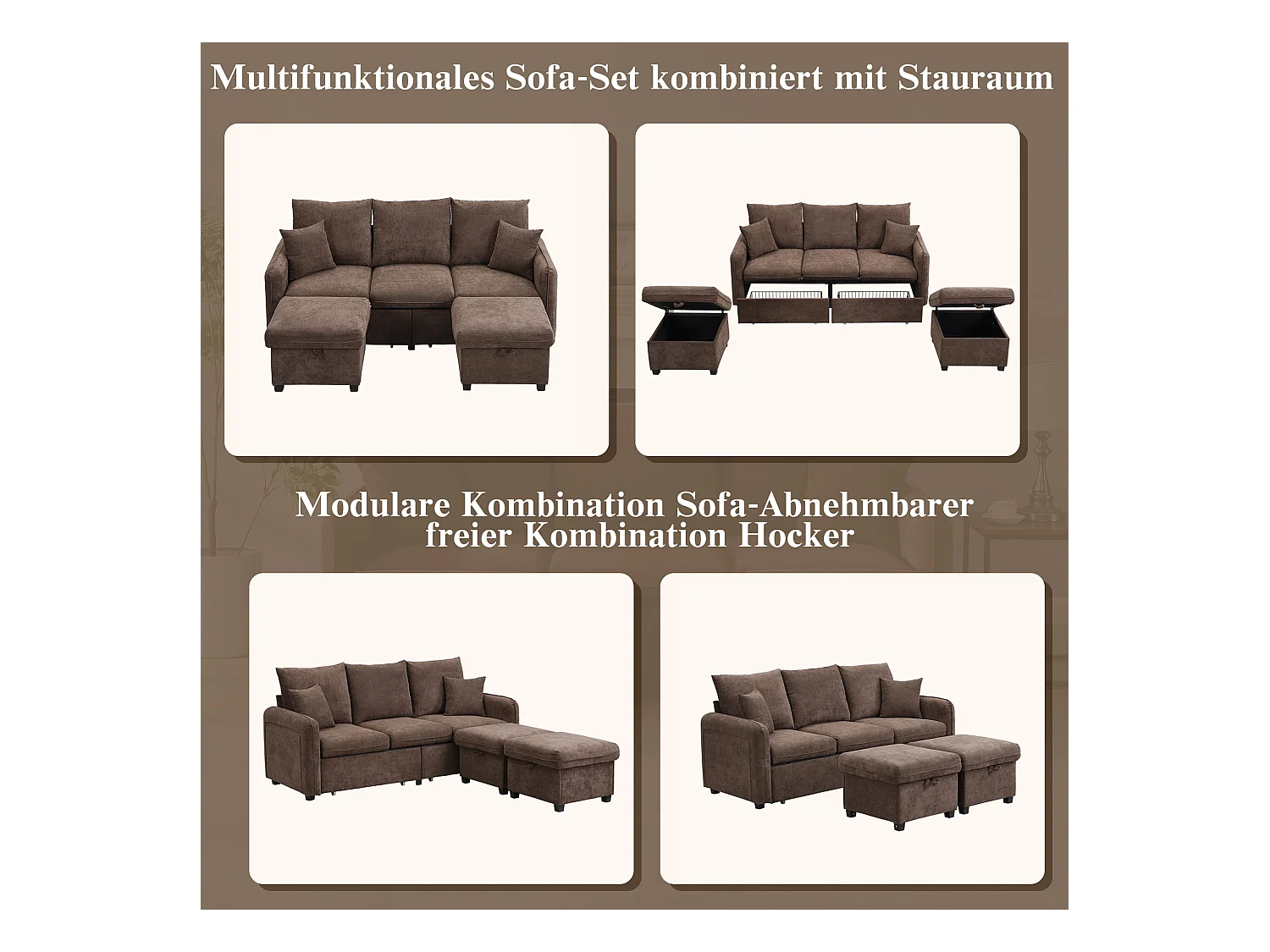 Canapé rembourré d'angle - 188 x 82 x 86 cm - 3 places - 2 repose-pieds avec rangements + 2 tiroirs - velours - marroon