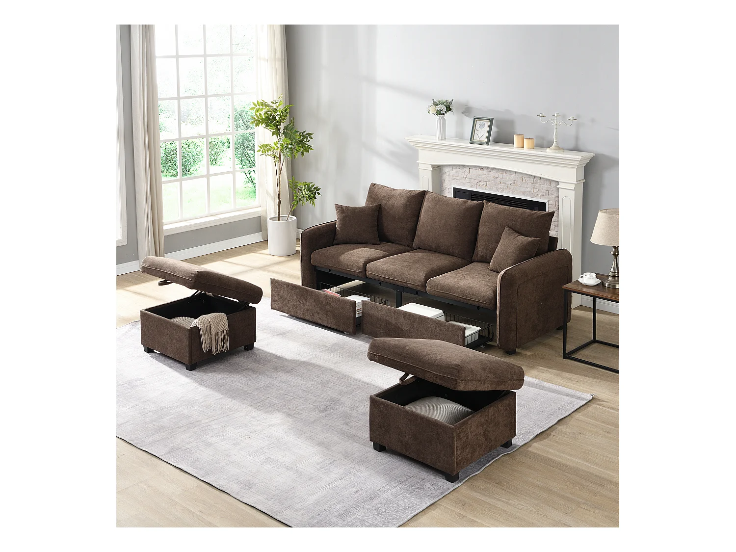 Canapé rembourré d'angle - 188 x 82 x 86 cm - 3 places - 2 repose-pieds avec rangements + 2 tiroirs - velours - marroon