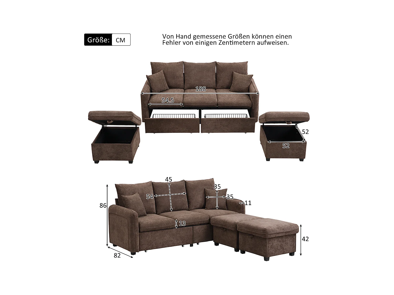 Canapé rembourré d'angle - 188 x 82 x 86 cm - 3 places - 2 repose-pieds avec rangements + 2 tiroirs - velours - marroon