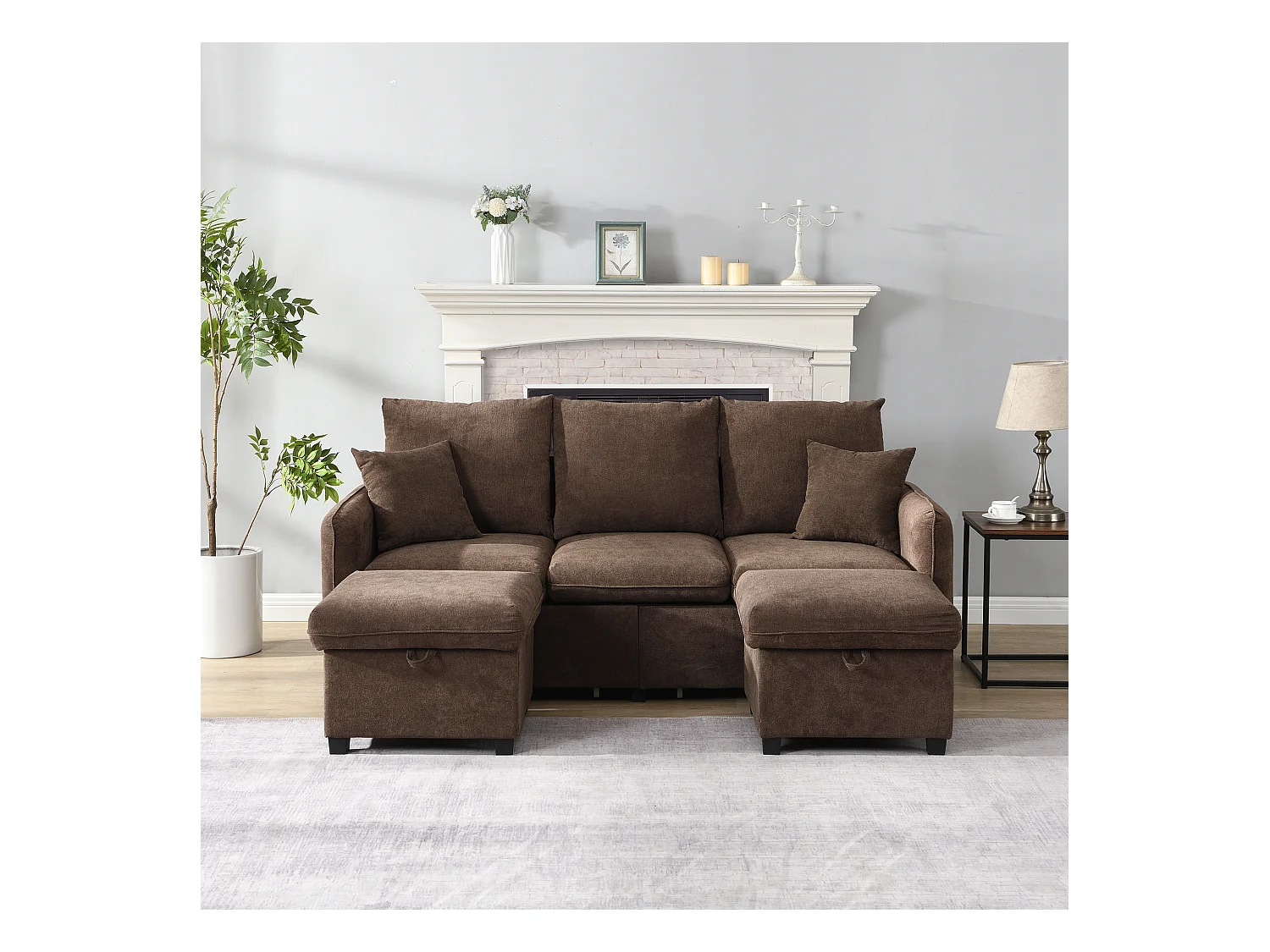 Canapé rembourré d'angle - 188 x 82 x 86 cm - 3 places - 2 repose-pieds avec rangements + 2 tiroirs - velours - marroon