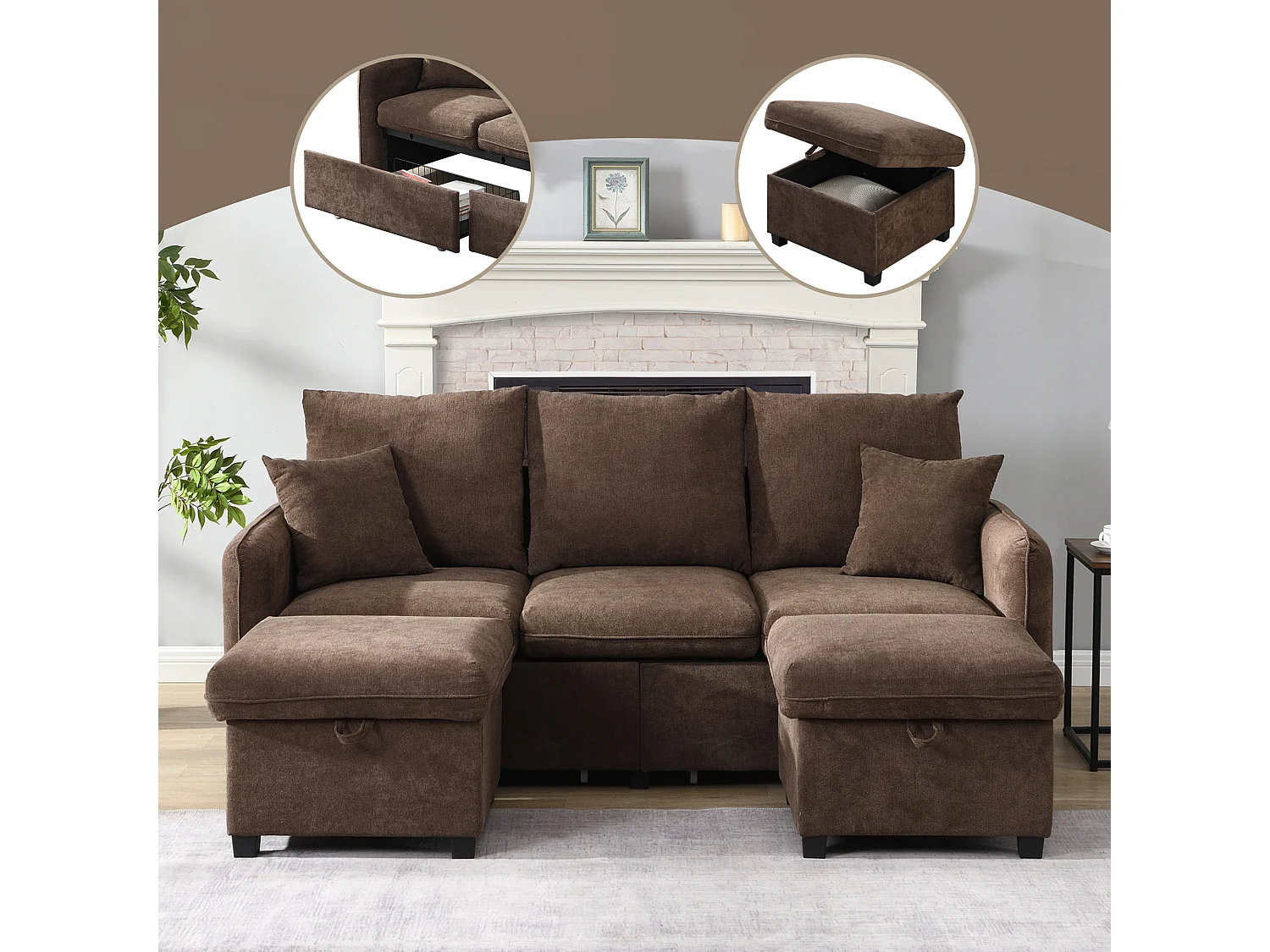 Canapé rembourré d'angle - 188 x 82 x 86 cm - 3 places - 2 repose-pieds avec rangements + 2 tiroirs - velours - marroon