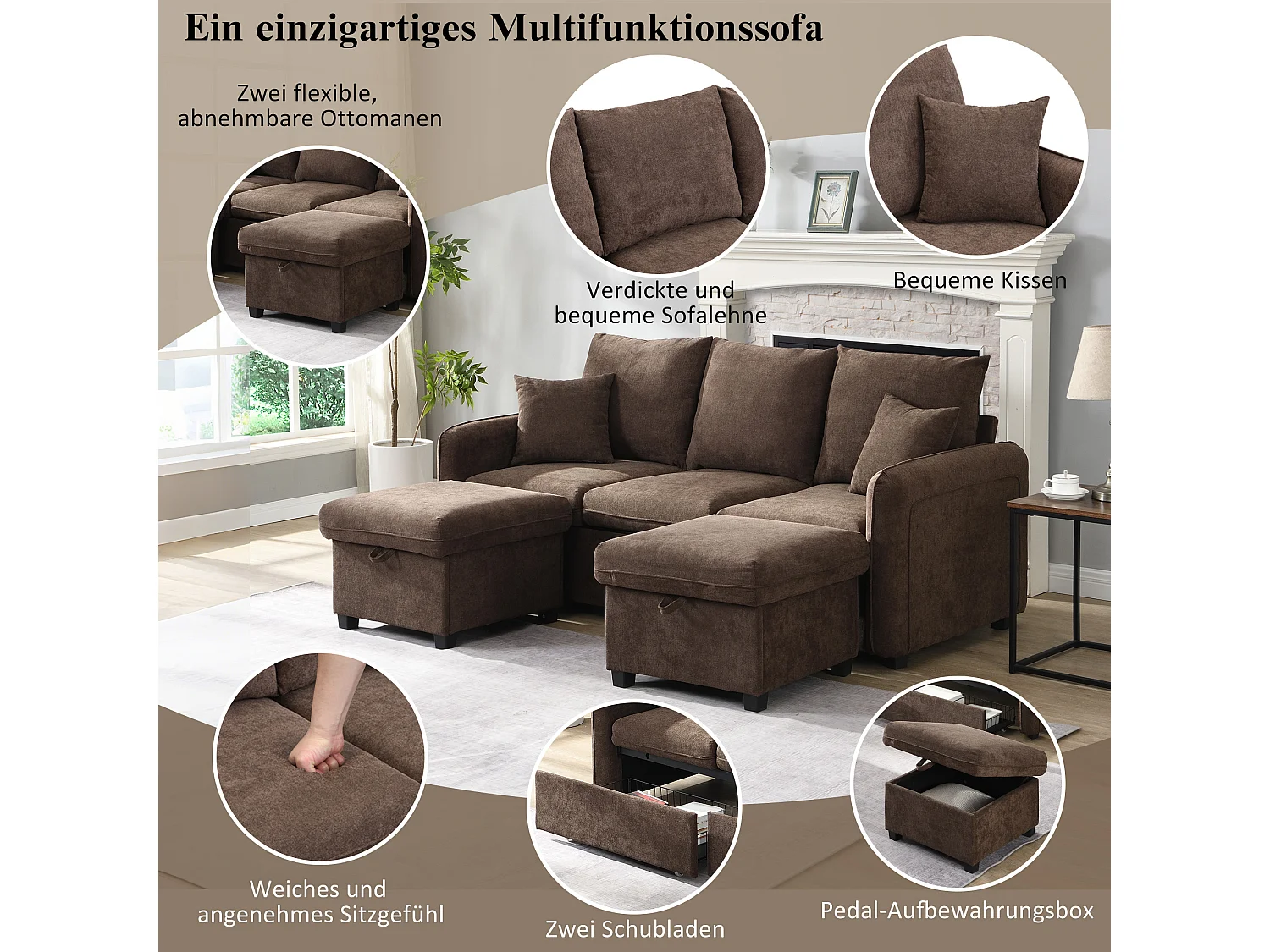 Canapé rembourré d'angle - 188 x 82 x 86 cm - 3 places - 2 repose-pieds avec rangements + 2 tiroirs - velours - marroon