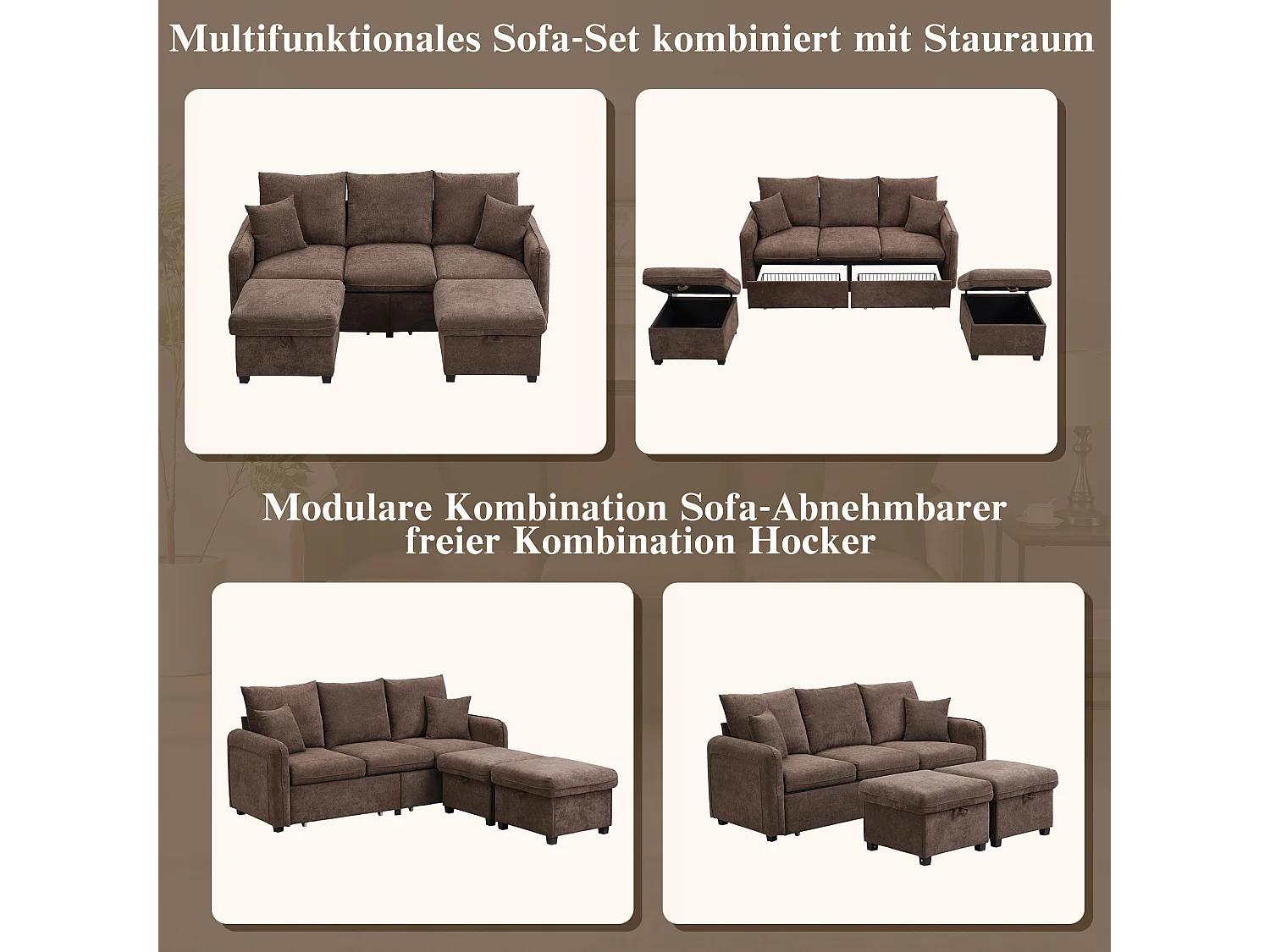 Canapé rembourré d'angle - 188 x 82 x 86 cm - 3 places - 2 repose-pieds avec rangements + 2 tiroirs - velours - marroon