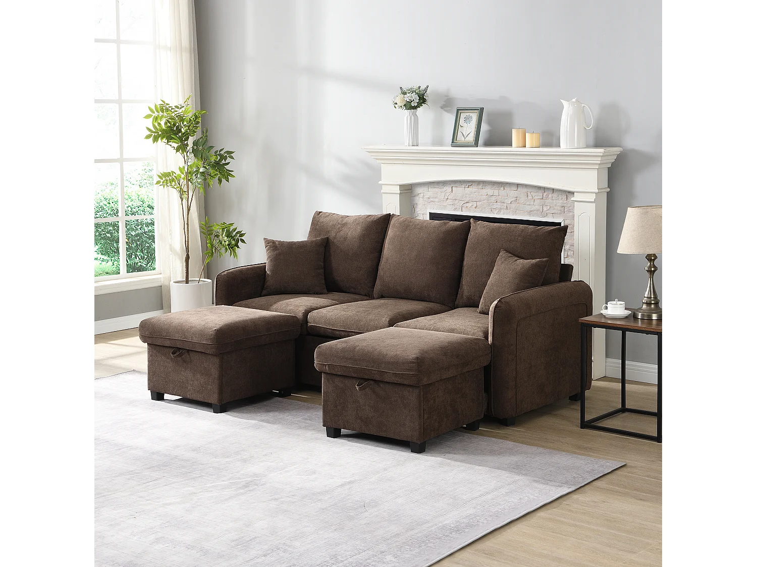 Canapé rembourré d'angle - 188 x 82 x 86 cm - 3 places - 2 repose-pieds avec rangements + 2 tiroirs - velours - marroon