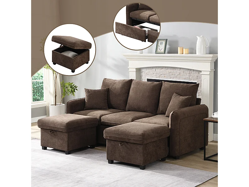 Divano angolare imbottito - 188 x 82 x 86 cm - 3 posti - 2 pouf contenitore + 2 cassetti - velluto - marrone