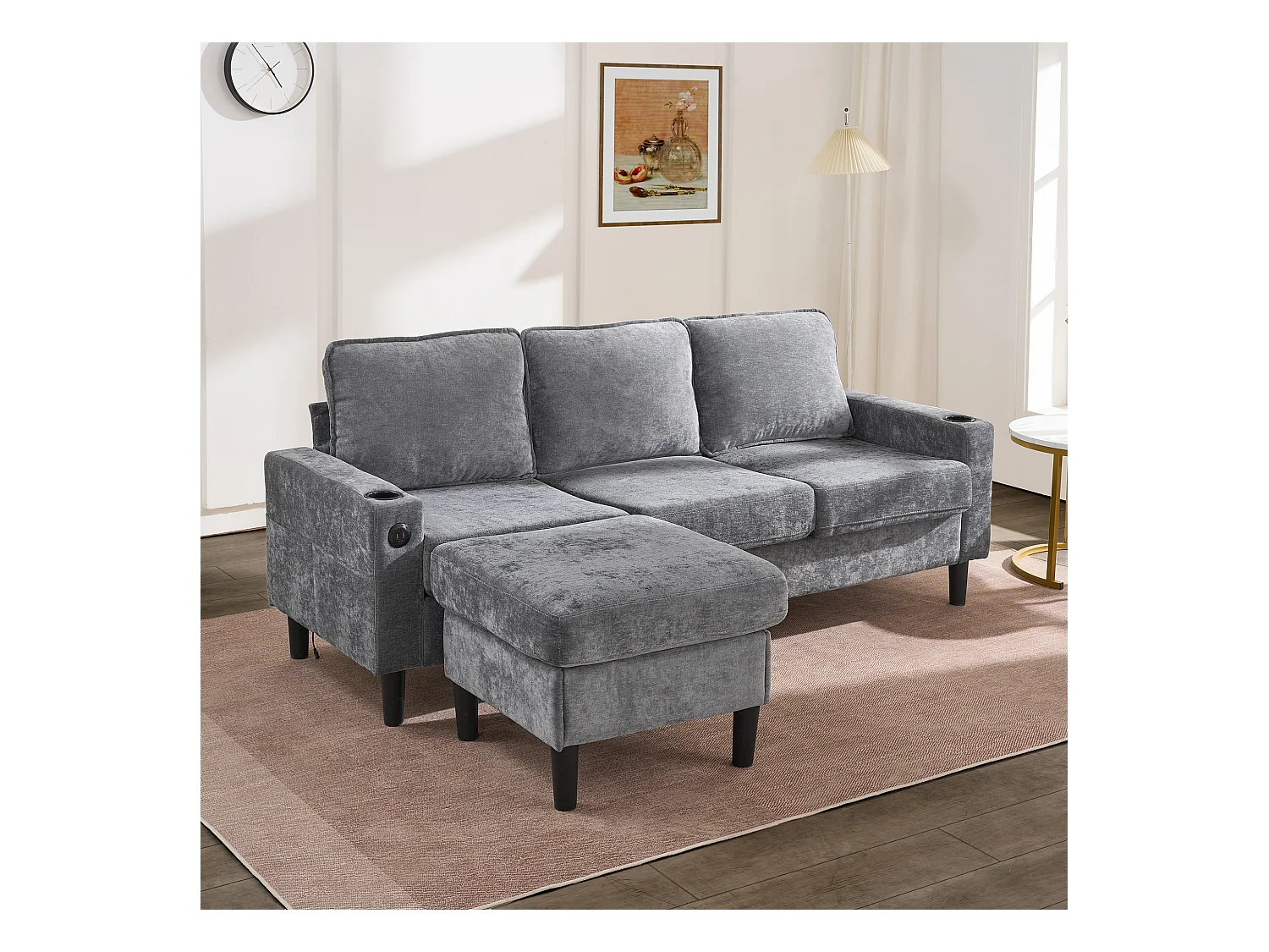 3-zits L-vormige gestoffeerde bank - 202 x 137 x 80 cm - met USB- en Type-C-aansluitingen + 2 bekerhouders - linnen - grijs