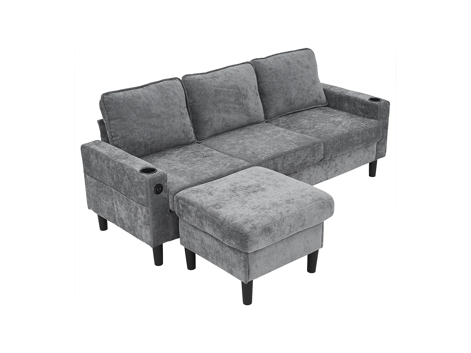 3-zits L-vormige gestoffeerde bank - 202 x 137 x 80 cm - met USB- en Type-C-aansluitingen + 2 bekerhouders - linnen - grijs