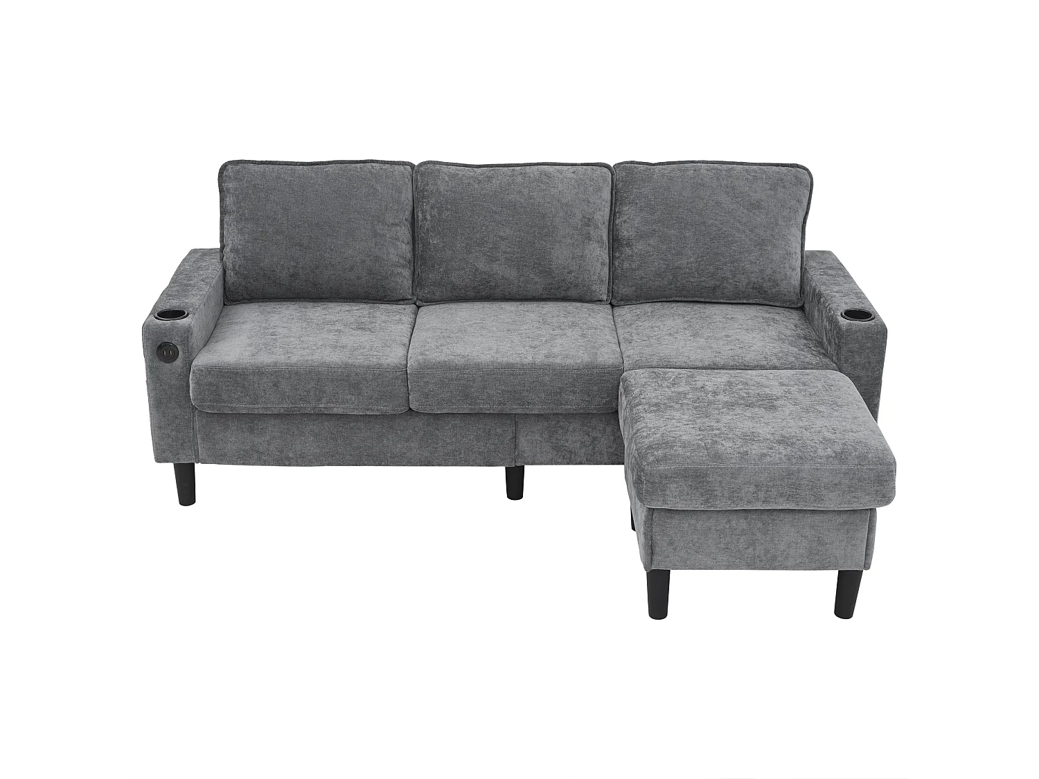 3-zits L-vormige gestoffeerde bank - 202 x 137 x 80 cm - met USB- en Type-C-aansluitingen + 2 bekerhouders - linnen - grijs