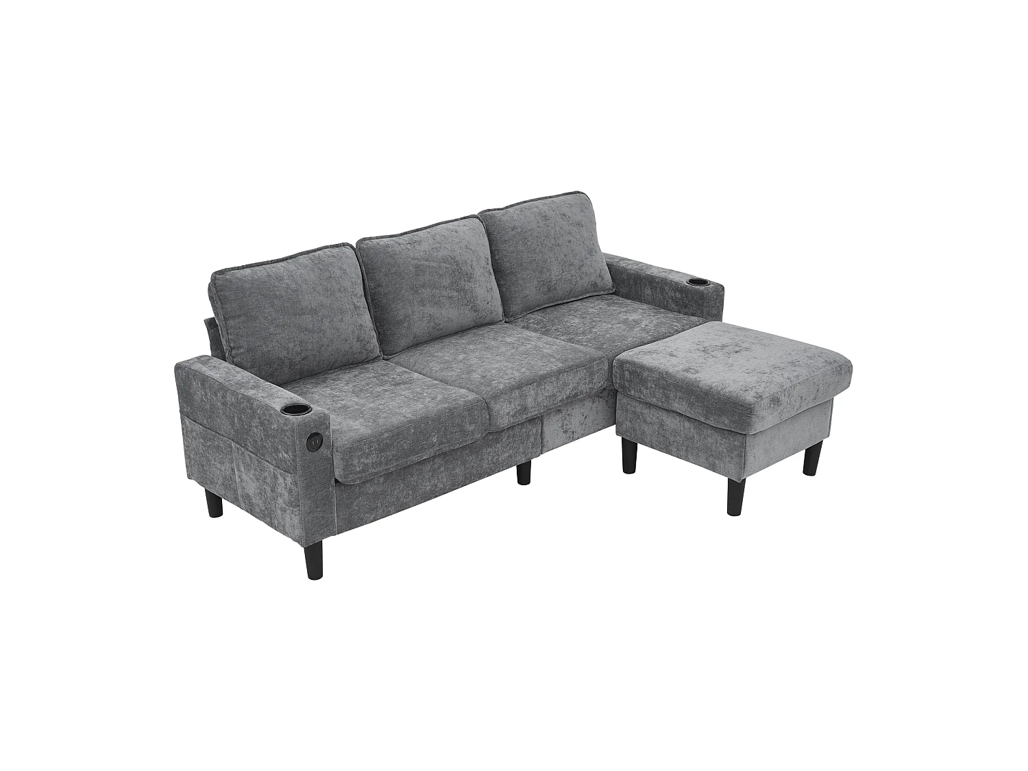 3-zits L-vormige gestoffeerde bank - 202 x 137 x 80 cm - met USB- en Type-C-aansluitingen + 2 bekerhouders - linnen - grijs