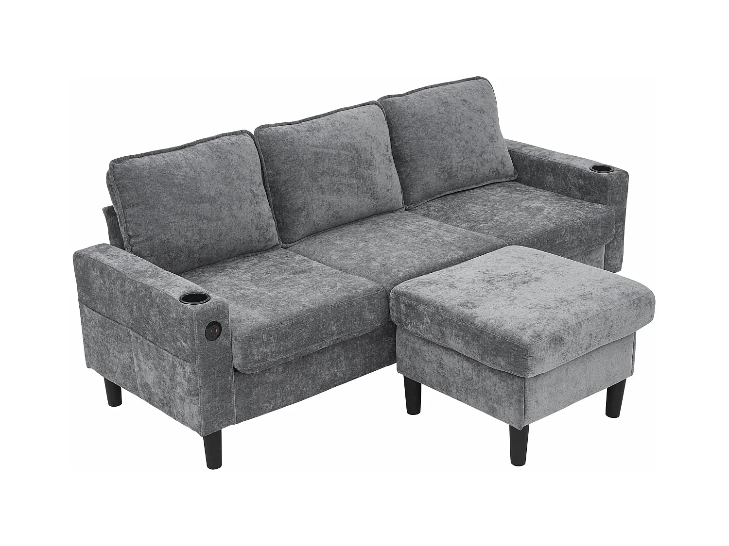 3-zits L-vormige gestoffeerde bank - 202 x 137 x 80 cm - met USB- en Type-C-aansluitingen + 2 bekerhouders - linnen - grijs