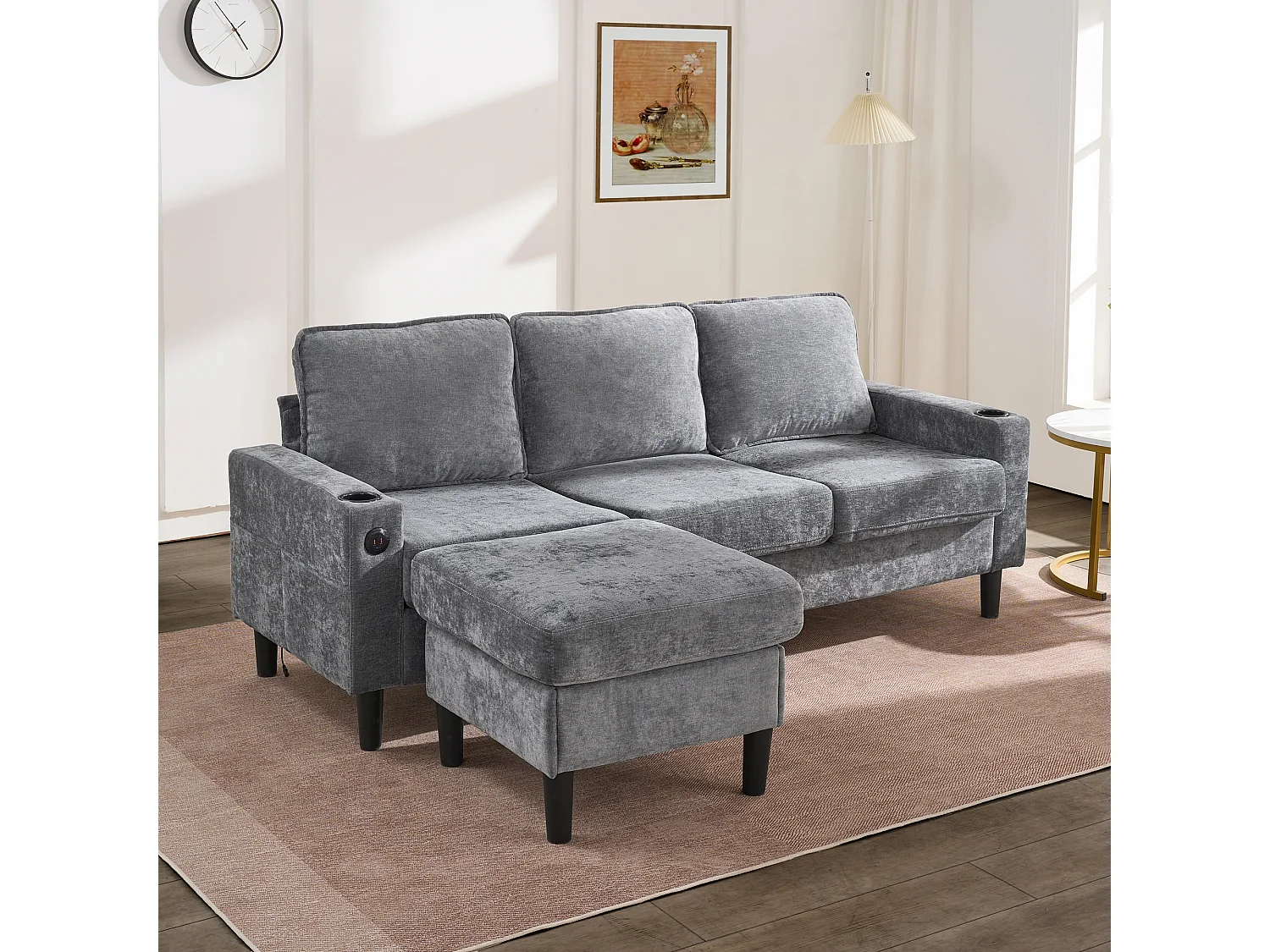 Canapé rembourré en L 3 places - 202 x 137 x 80 cm - avec ports USB et Type-C + 2 porte-gobelets -lin - gris