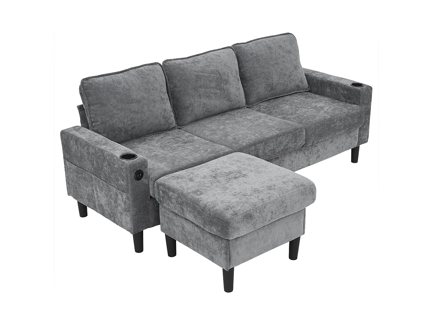 Canapé rembourré en L 3 places - 202 x 137 x 80 cm - avec ports USB et Type-C + 2 porte-gobelets -lin - gris