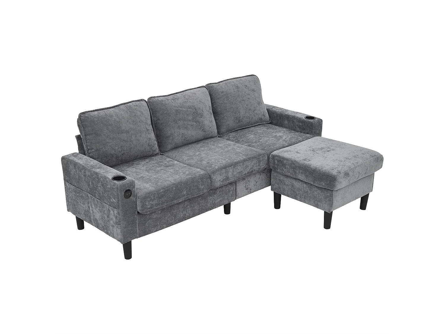 Canapé rembourré en L 3 places - 202 x 137 x 80 cm - avec ports USB et Type-C + 2 porte-gobelets -lin - gris