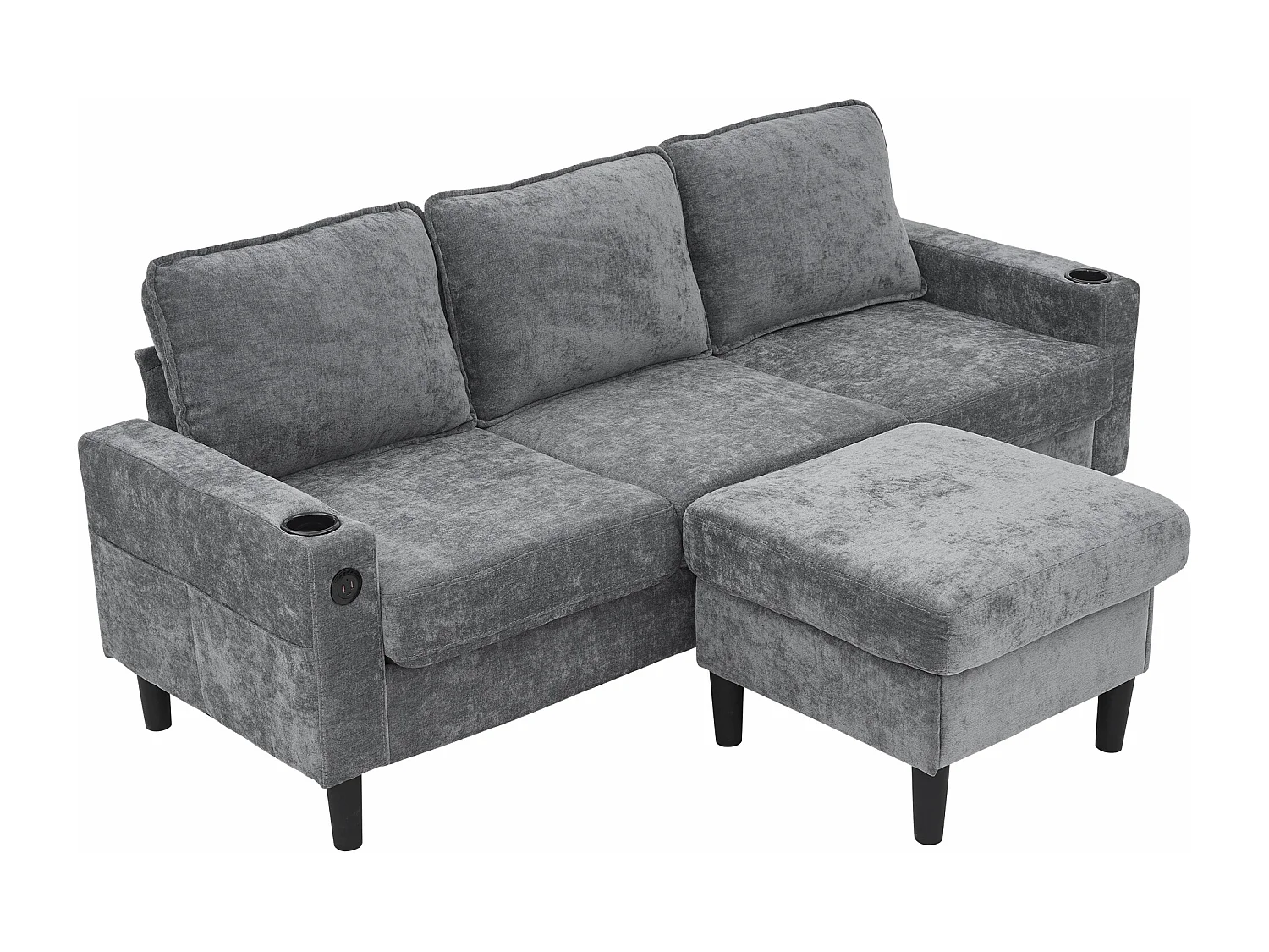 Canapé rembourré en L 3 places - 202 x 137 x 80 cm - avec ports USB et Type-C + 2 porte-gobelets -lin - gris