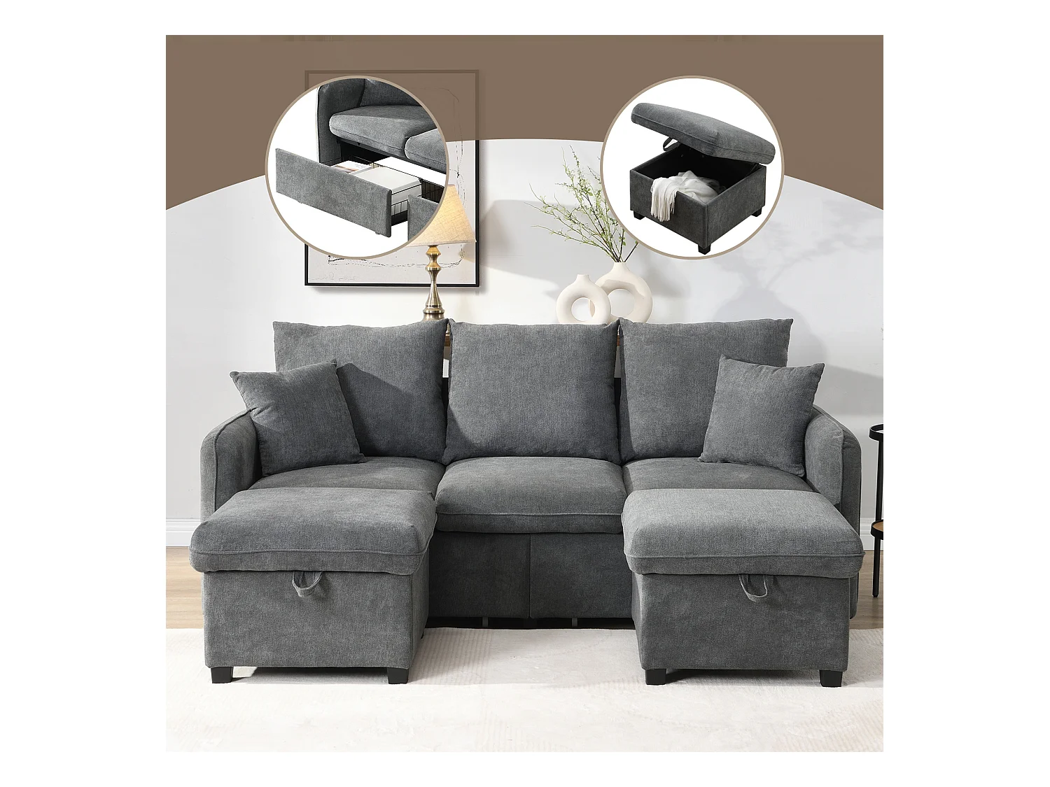 Canapé rembourré d'angle - 188 x 82 x 86 cm - 3 places - 2 repose-pieds avec rangements + 2 tiroirs - velours - gris