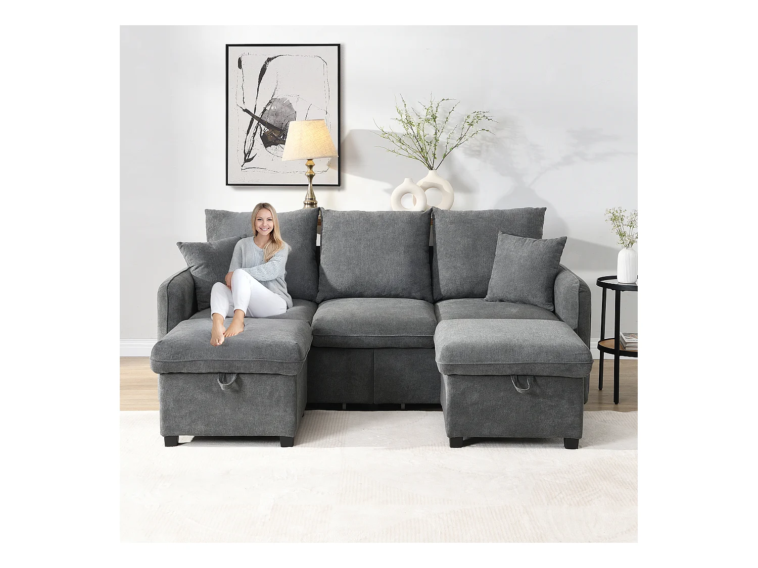 Canapé rembourré d'angle - 188 x 82 x 86 cm - 3 places - 2 repose-pieds avec rangements + 2 tiroirs - velours - gris